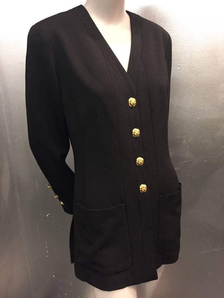 1980s Chanel Black Faille Collarless Jacket with Pockets and Shamrock Buttons 1