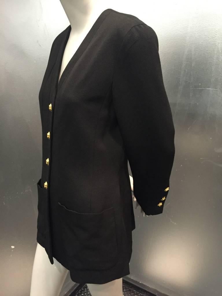 1980s Chanel Black Faille Collarless Jacket with Pockets and Shamrock Buttons 3