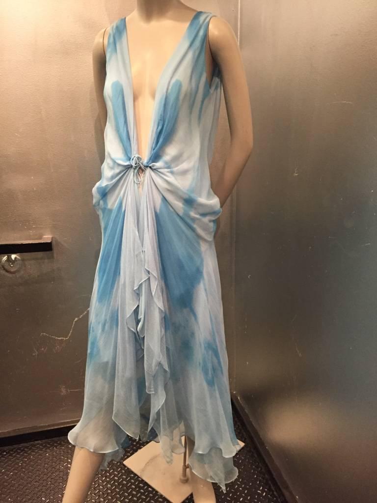 A gorgeous Donna Karan, 1920s-inspired, bias-cut light blue silk chiffon dress with abstract floral print.  Deep, daring, sexy, plunging decolletage in the front with front gathered and tied hip swag.Deep 