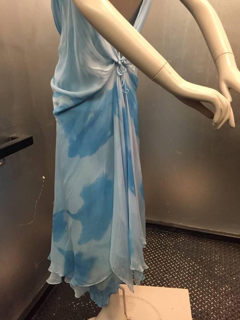 Women's  Donna Karan Watercolor Silk Chiffon Draped Blue Slip Dress