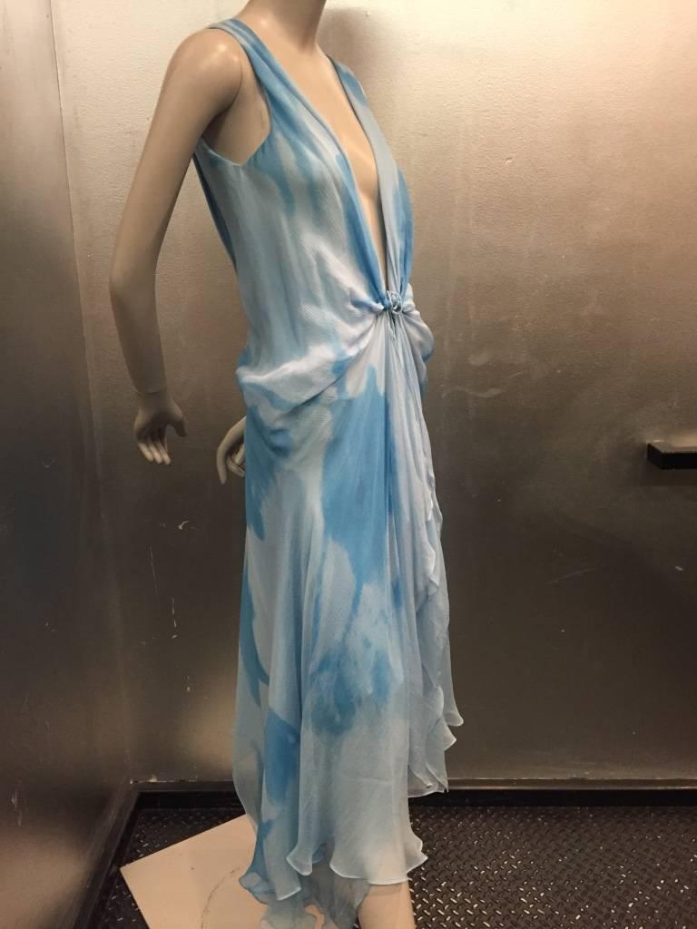  Donna Karan Watercolor Silk Chiffon Draped Blue Slip Dress In New Condition In Gresham, OR
