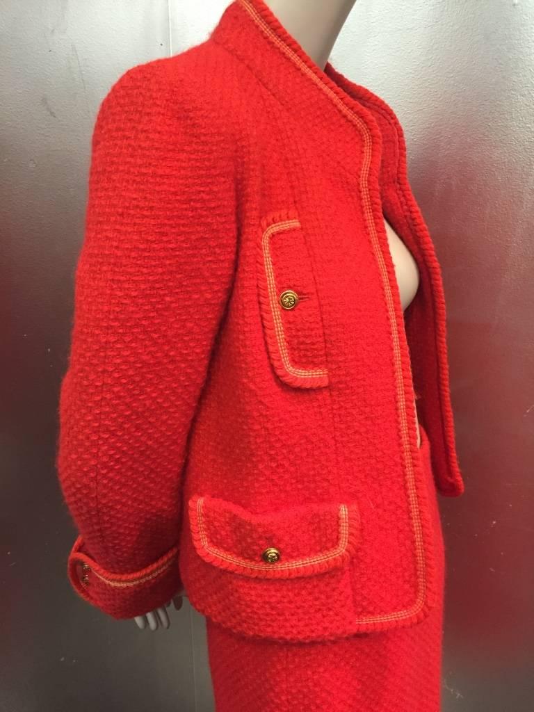 1980s Chanel Cardinal Red Tweed Skirt Suit w/ Braid Trim and Shamrock Buttons 2