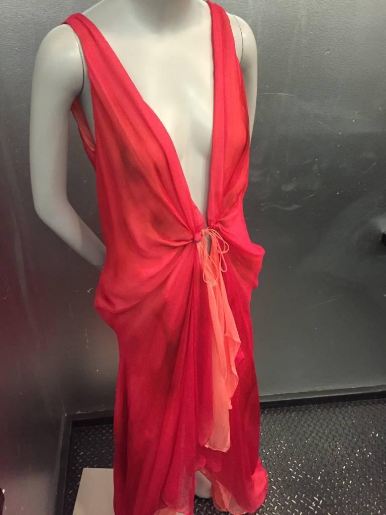 Red  Donna Karan 2-Toned Silk Chiffon Plunging Slip Gown