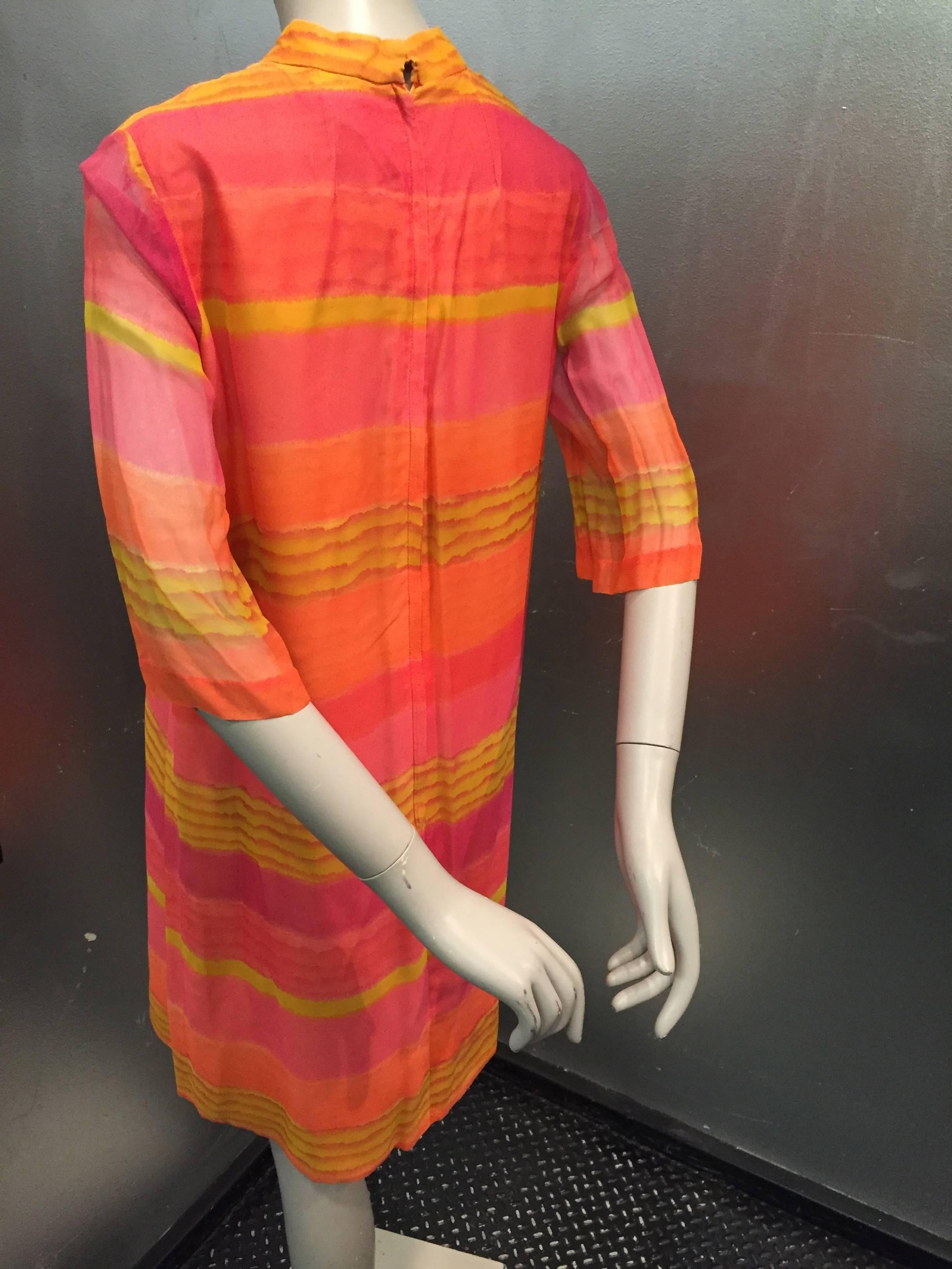 1960s Vibrant Stripe Silk Chiffon Tunic Dress in Orange, Gold and Fuchsia In Excellent Condition In Gresham, OR