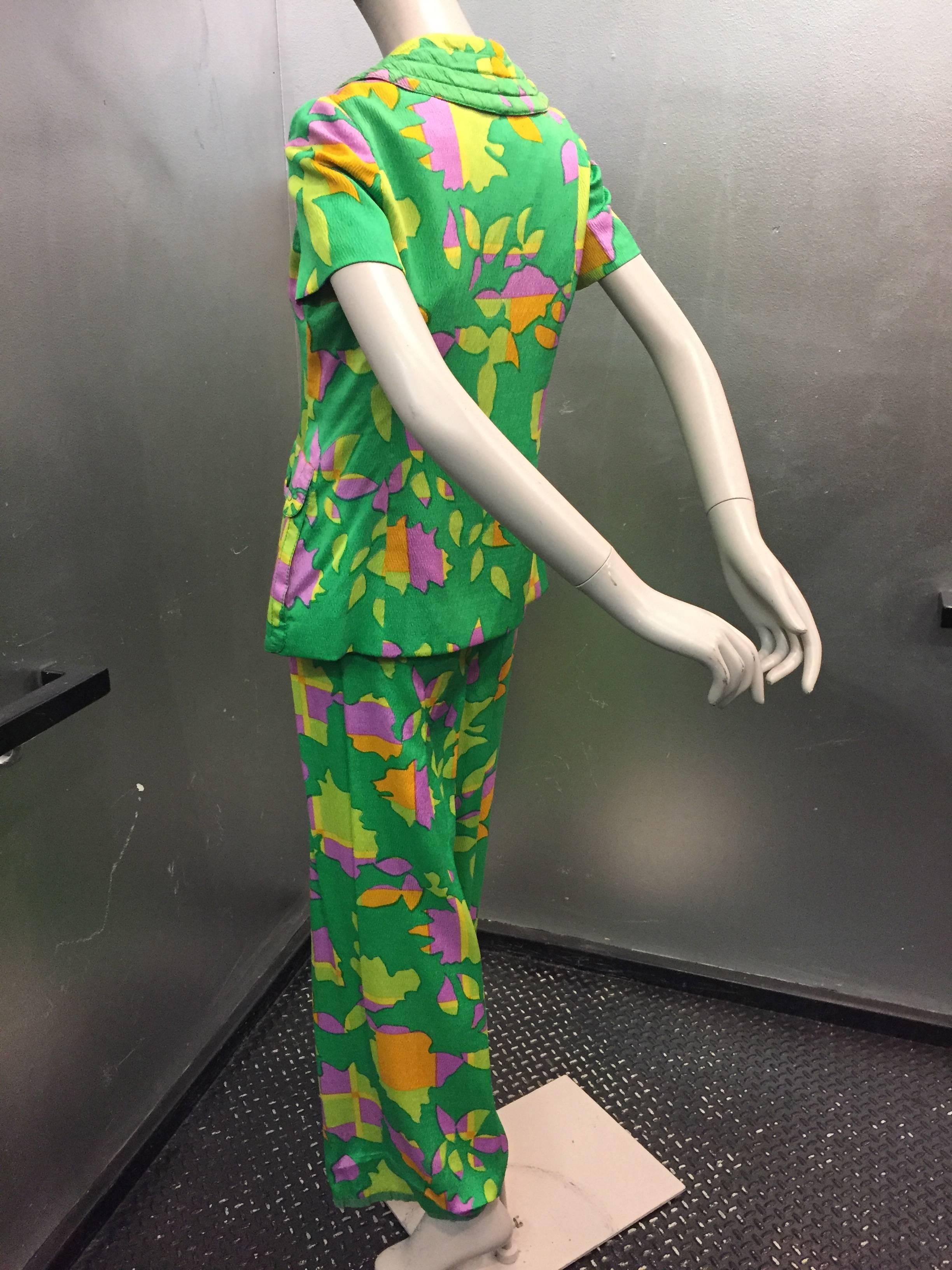 Green 1960s Galanos Three-Piece Silk Pant Suit in Mod Abstract Print