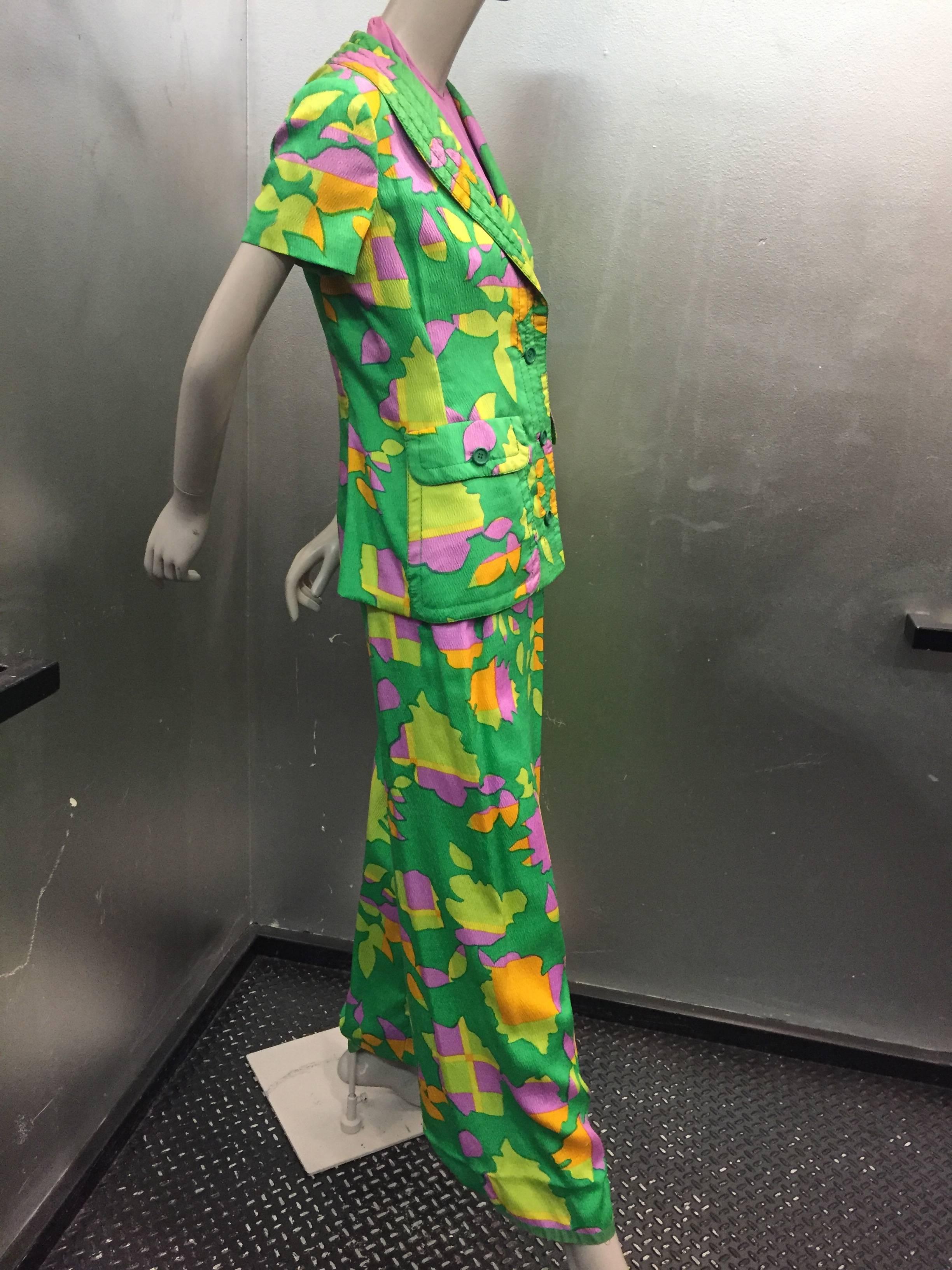 1960s Galanos Three-Piece Silk Pant Suit in Mod Abstract Print In Excellent Condition In Gresham, OR
