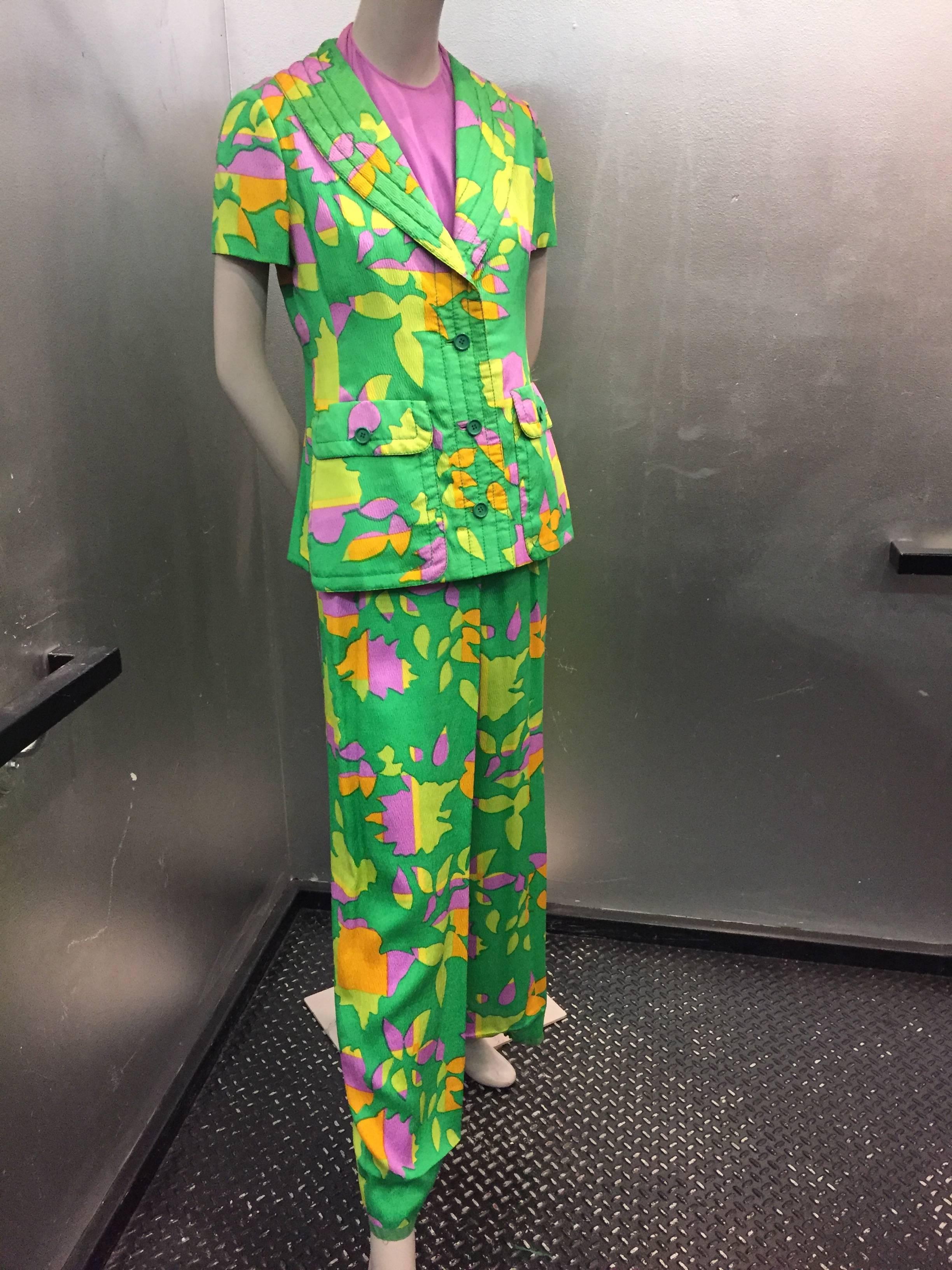 1960s Galanos Three-Piece Silk Pant Suit in Mod Abstract Print 1