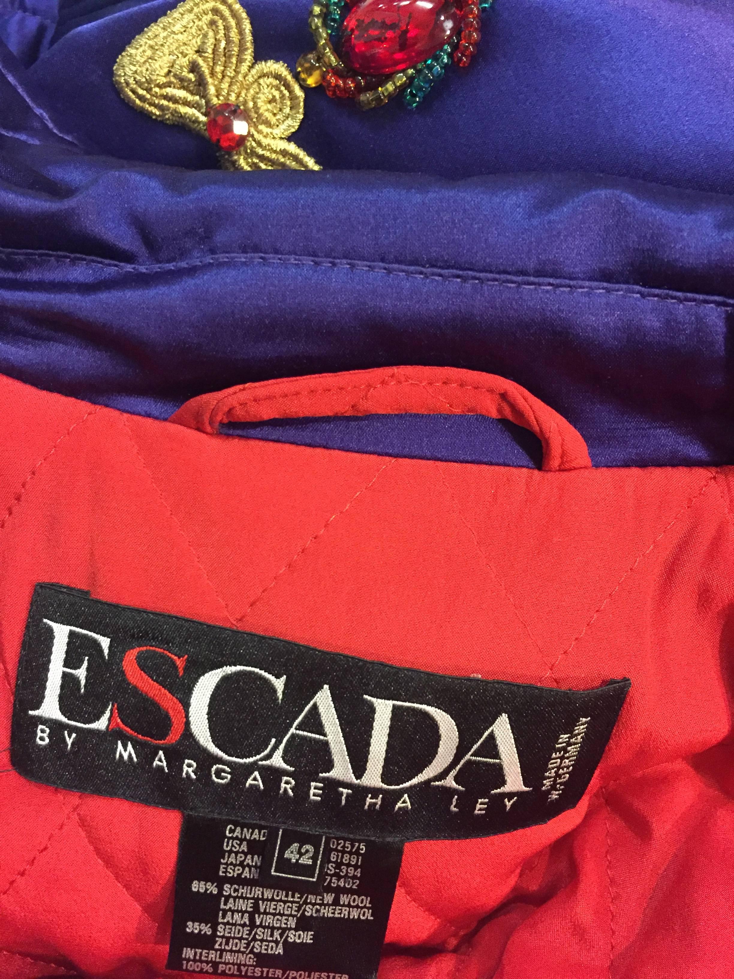 1980s Escada Purple Silk and Wool Satin Bomber Jacket w Jewel Embroidery 1