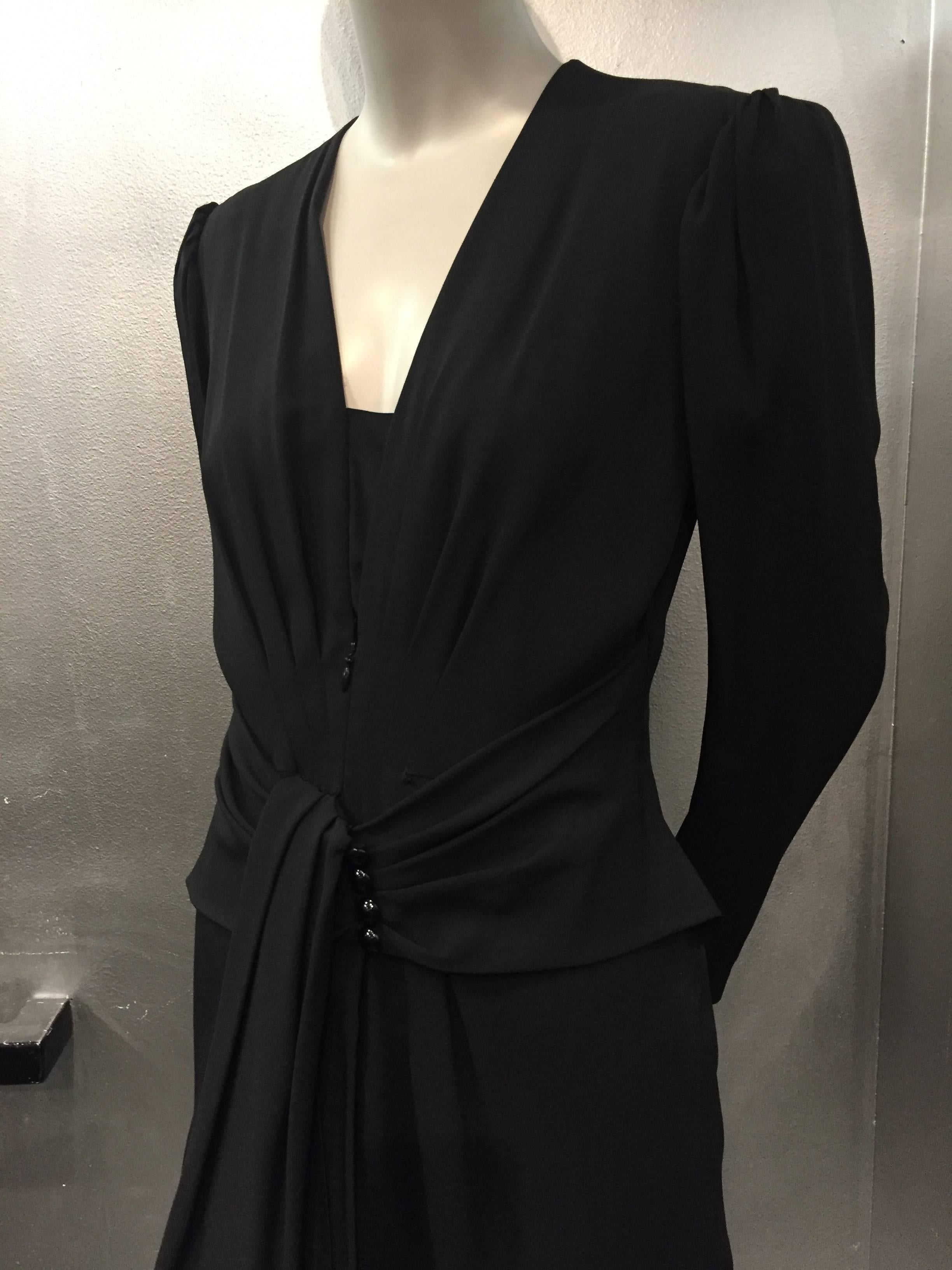 1980s Ted Lapidus Black Crepe Cocktail Dress w/ 1940s-Inspired Style In Excellent Condition In Gresham, OR