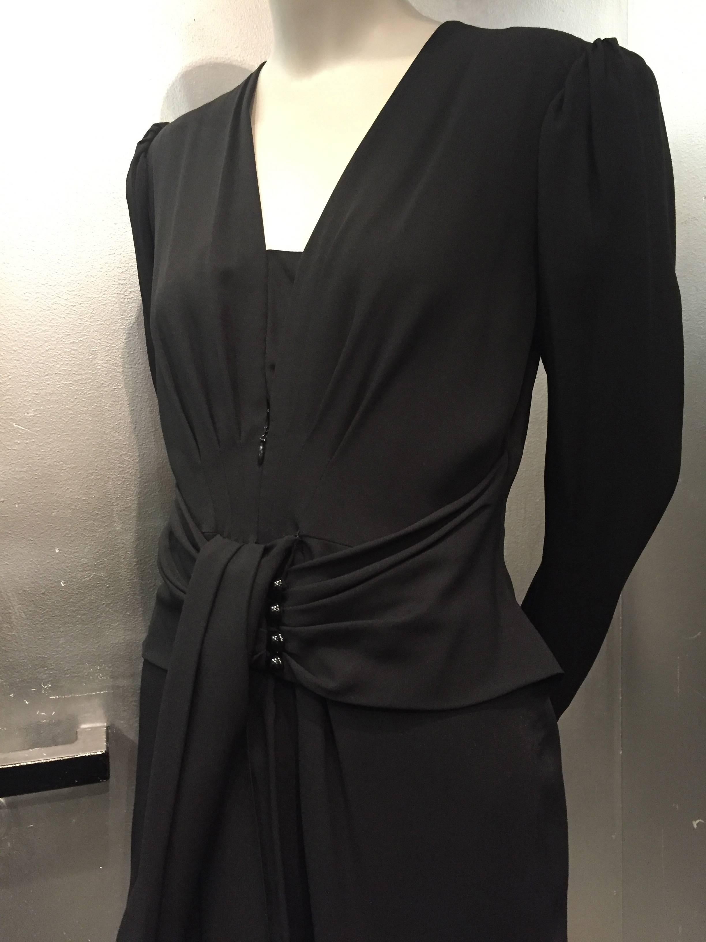 1980s Ted Lapidus Black Crepe Cocktail Dress w/ 1940s-Inspired Style 1