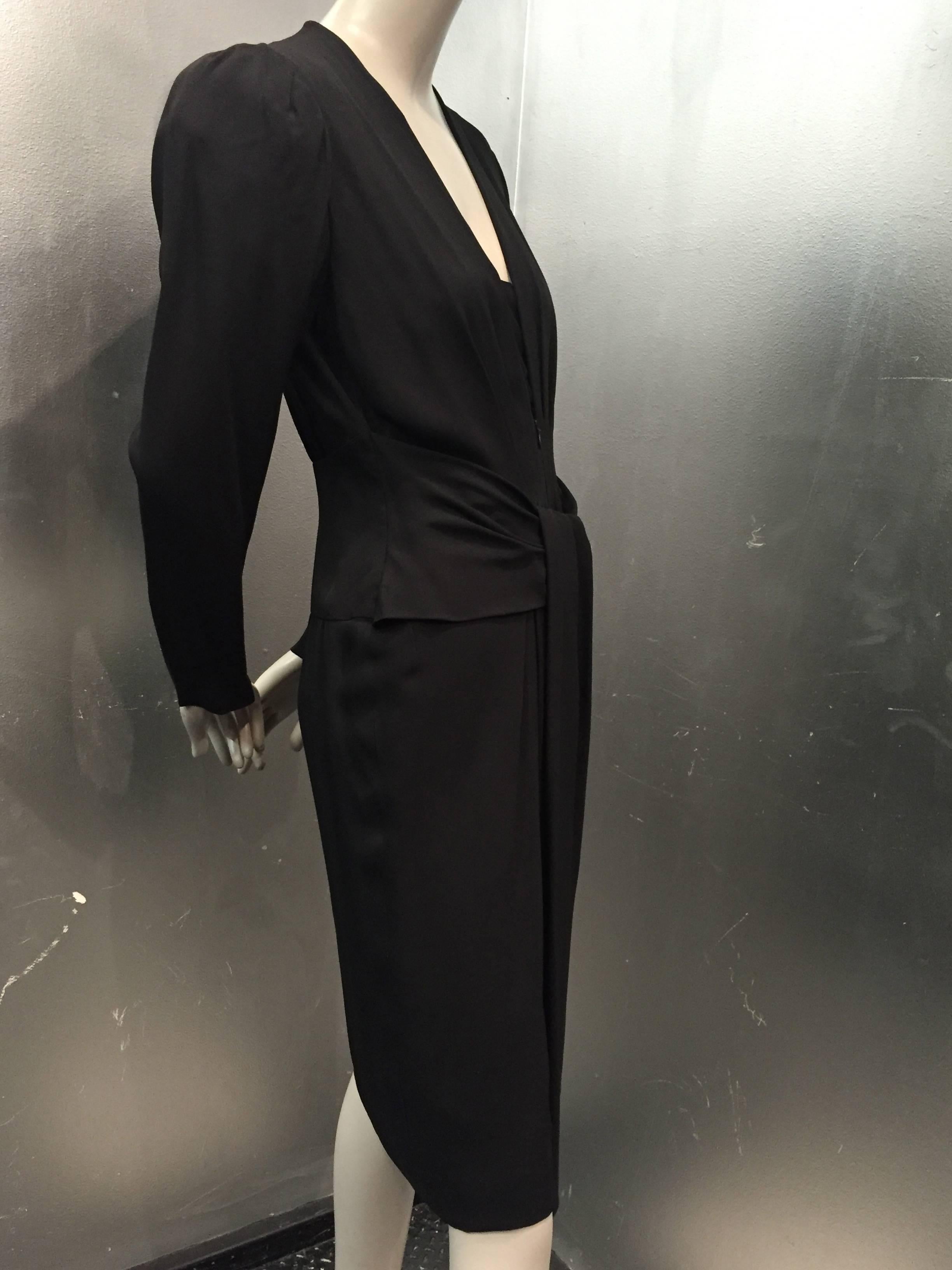 A gorgeous 1980s Ted Lapidus black rayon crepe cocktail dress with 1940s-inspired silhouette and draping details. 