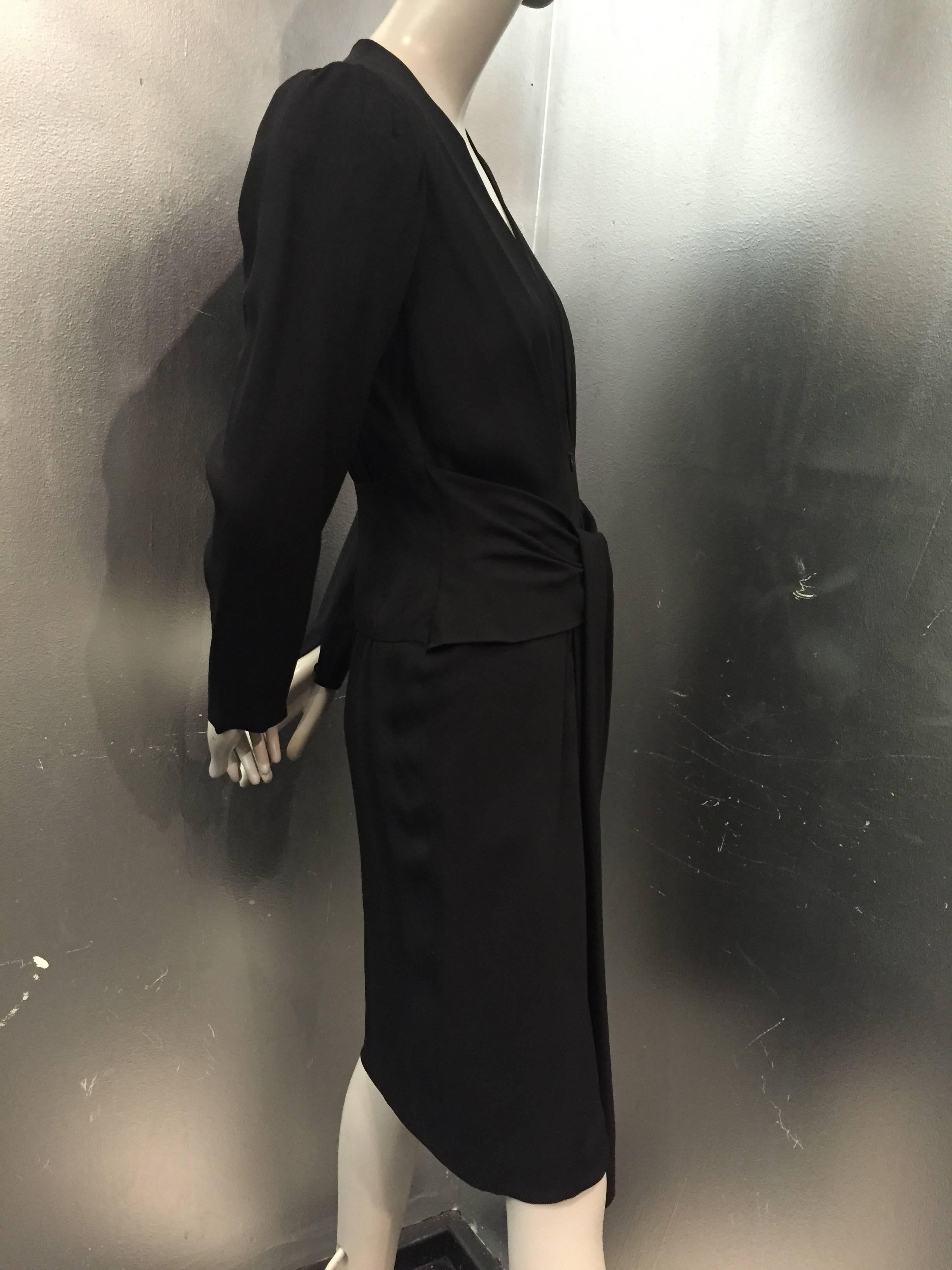 1980s Ted Lapidus Black Crepe Cocktail Dress w/ 1940s-Inspired Style 2