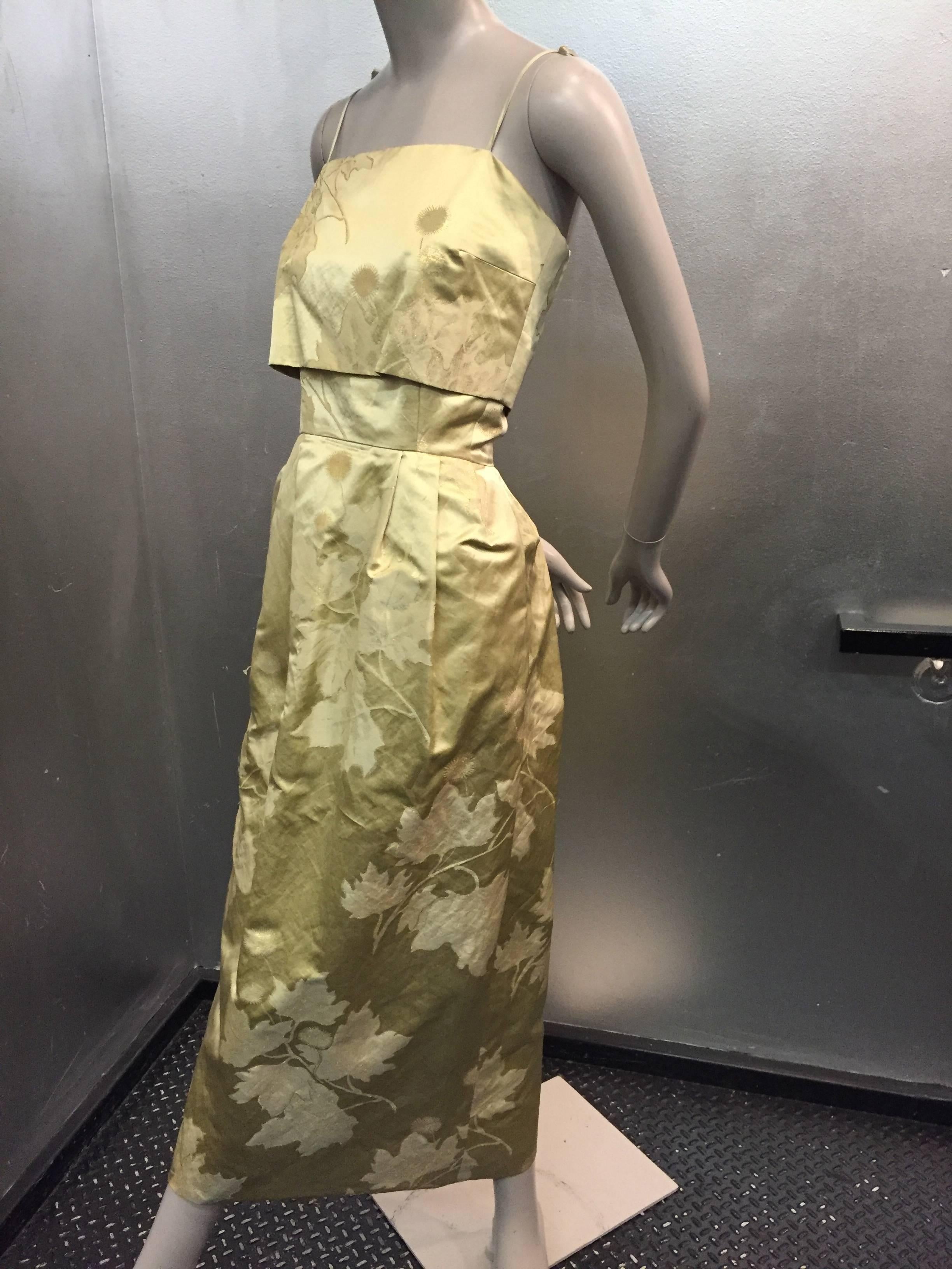 1956s Silk Jacquard Gold Leaf-Patterned Evening Gown In Excellent Condition In Gresham, OR