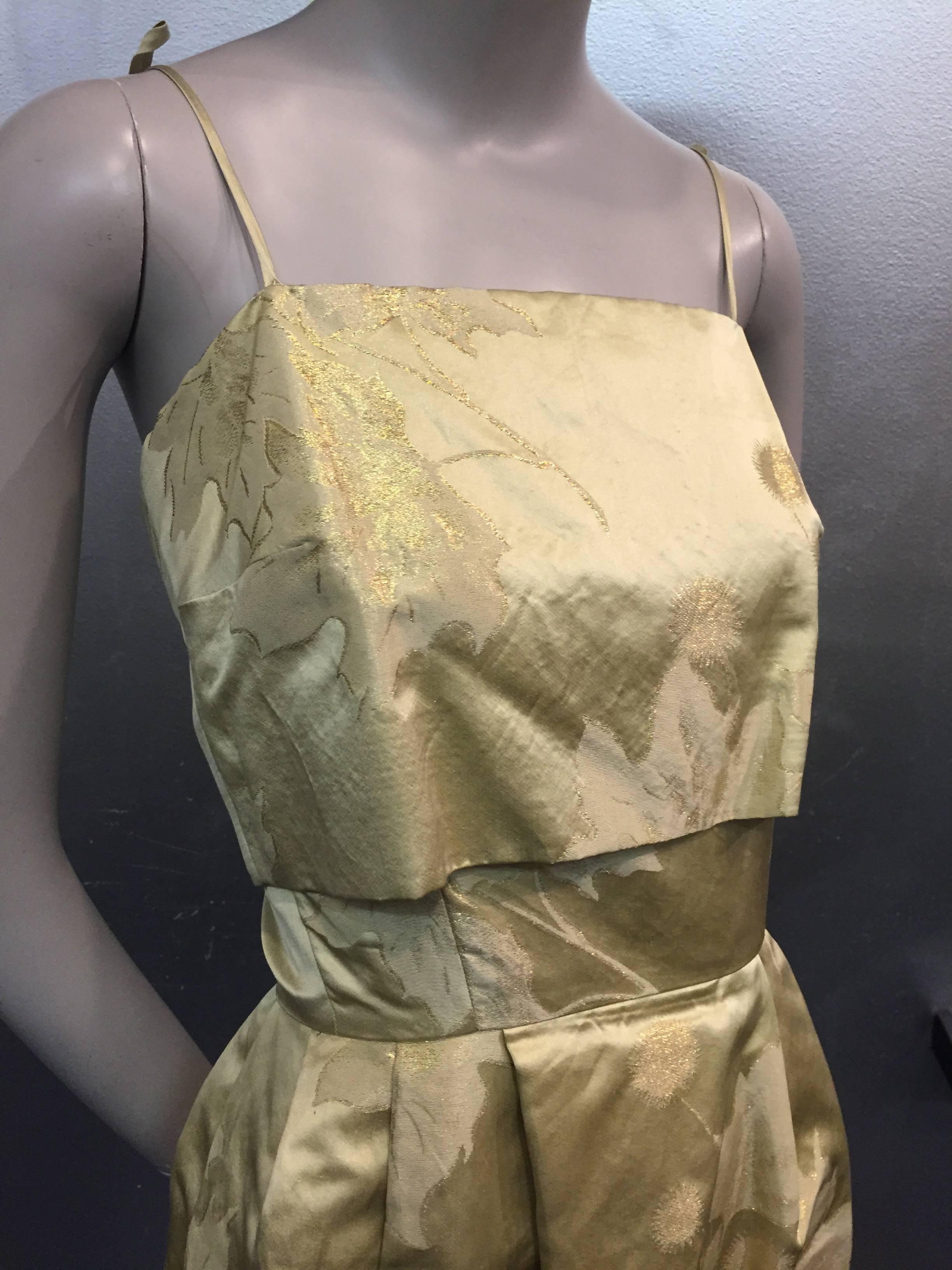 Women's 1956s Silk Jacquard Gold Leaf-Patterned Evening Gown