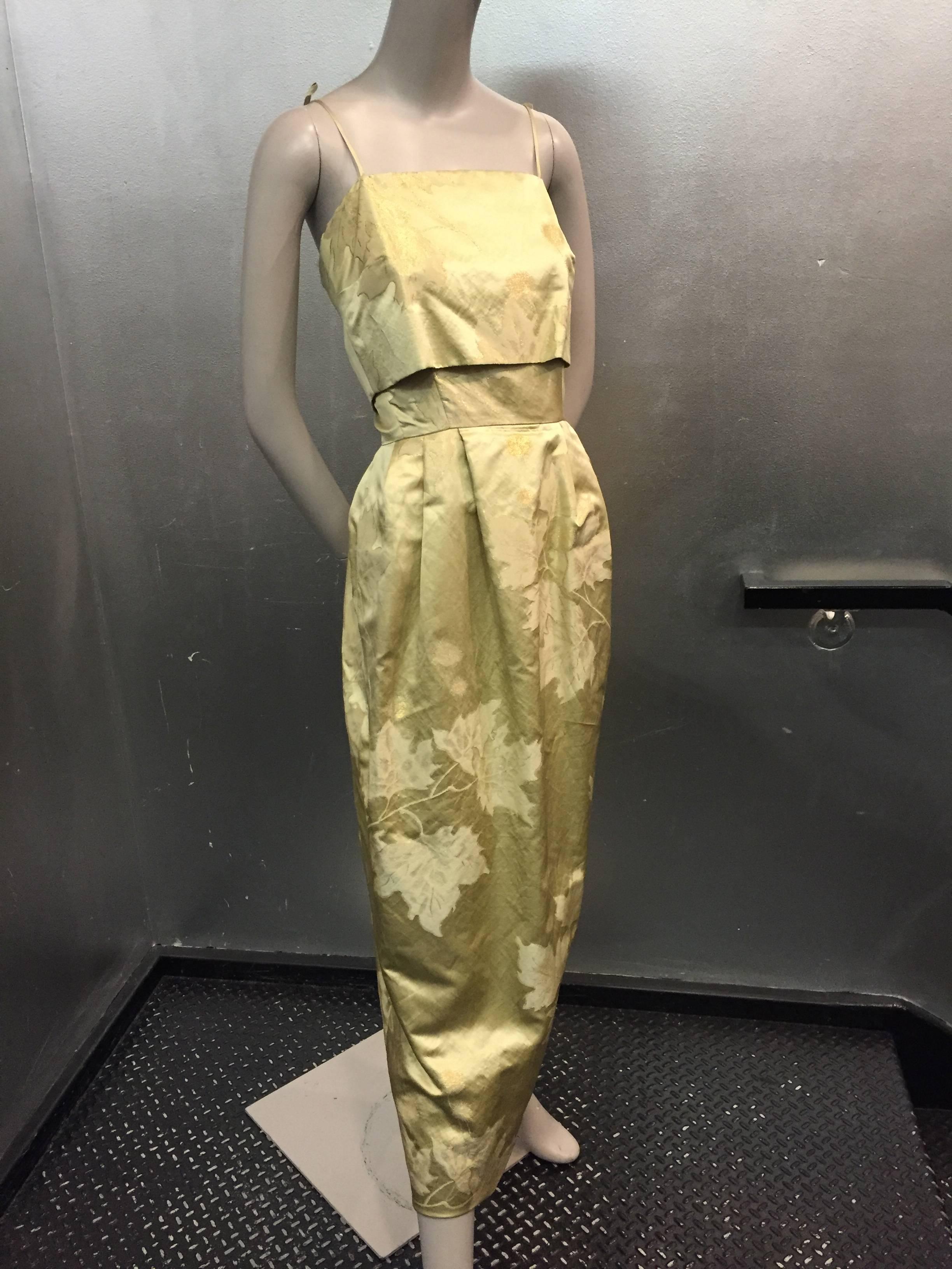 1956s Silk Jacquard Gold Leaf-Patterned Evening Gown 1