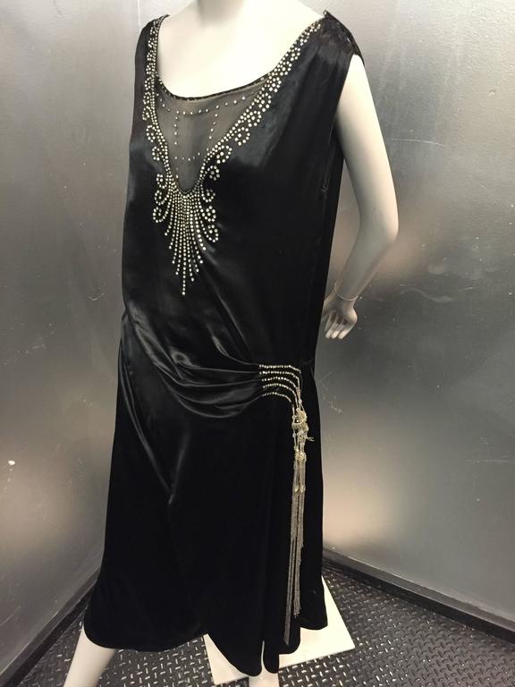 1920s Art Deco Black Silk Satin Gatsby-Style Dress with Sheer Panel and  Jewels For Sale at 1stDibs | art deco dresses 1920s, black gatsby style  dress, 1920s drop waist evening dress