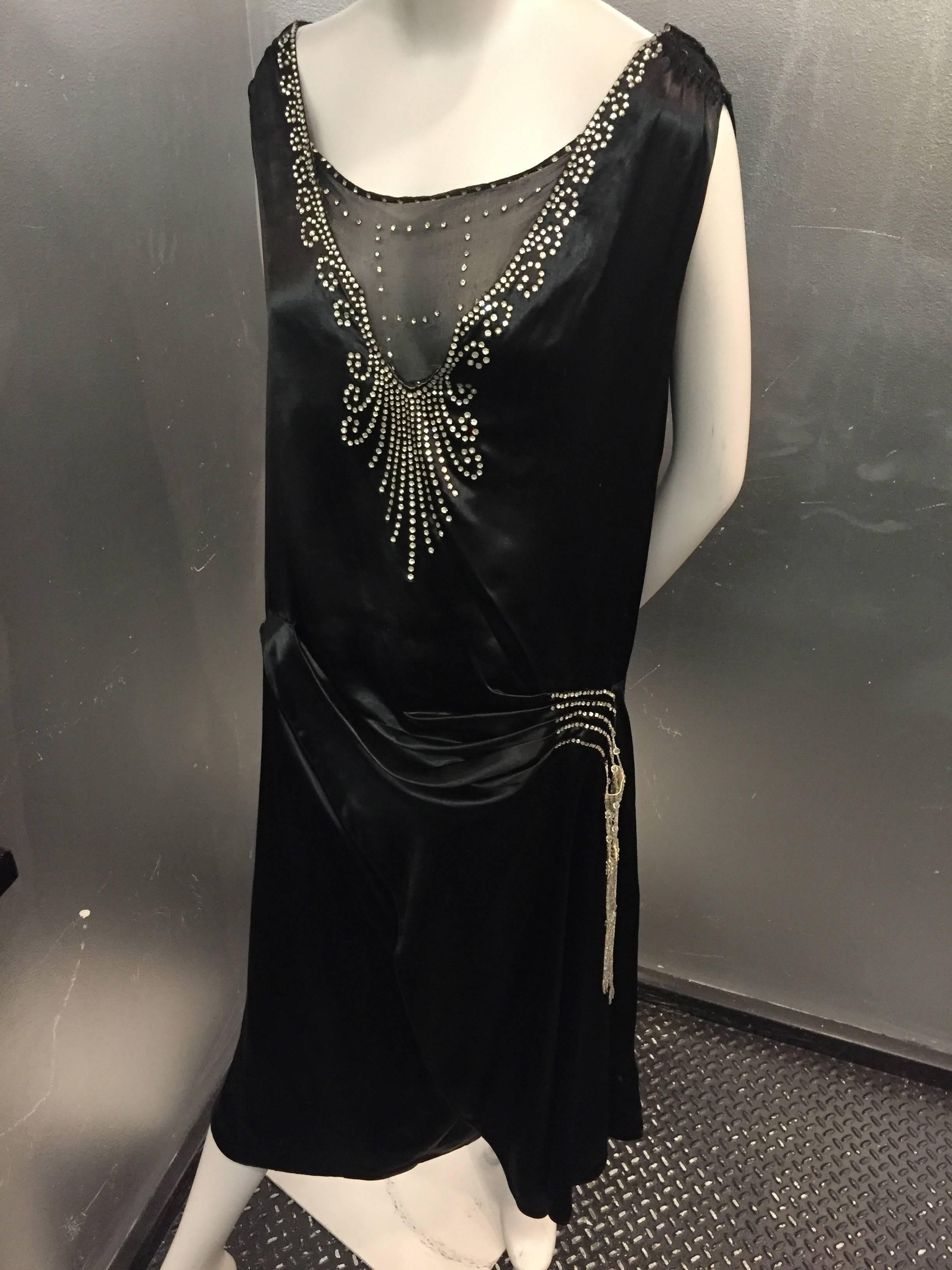 Women's 1920s Art Deco Black Silk Satin Gatsby-Style Dress with Sheer Panel and Jewels