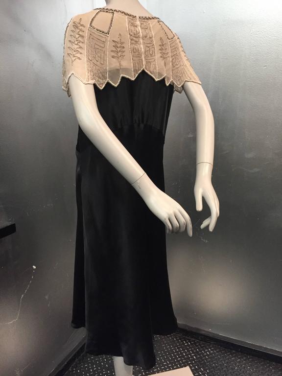 1920s Art Deco Black Silk Satin Gatsby-Style Dress w Beaded Caplet 1