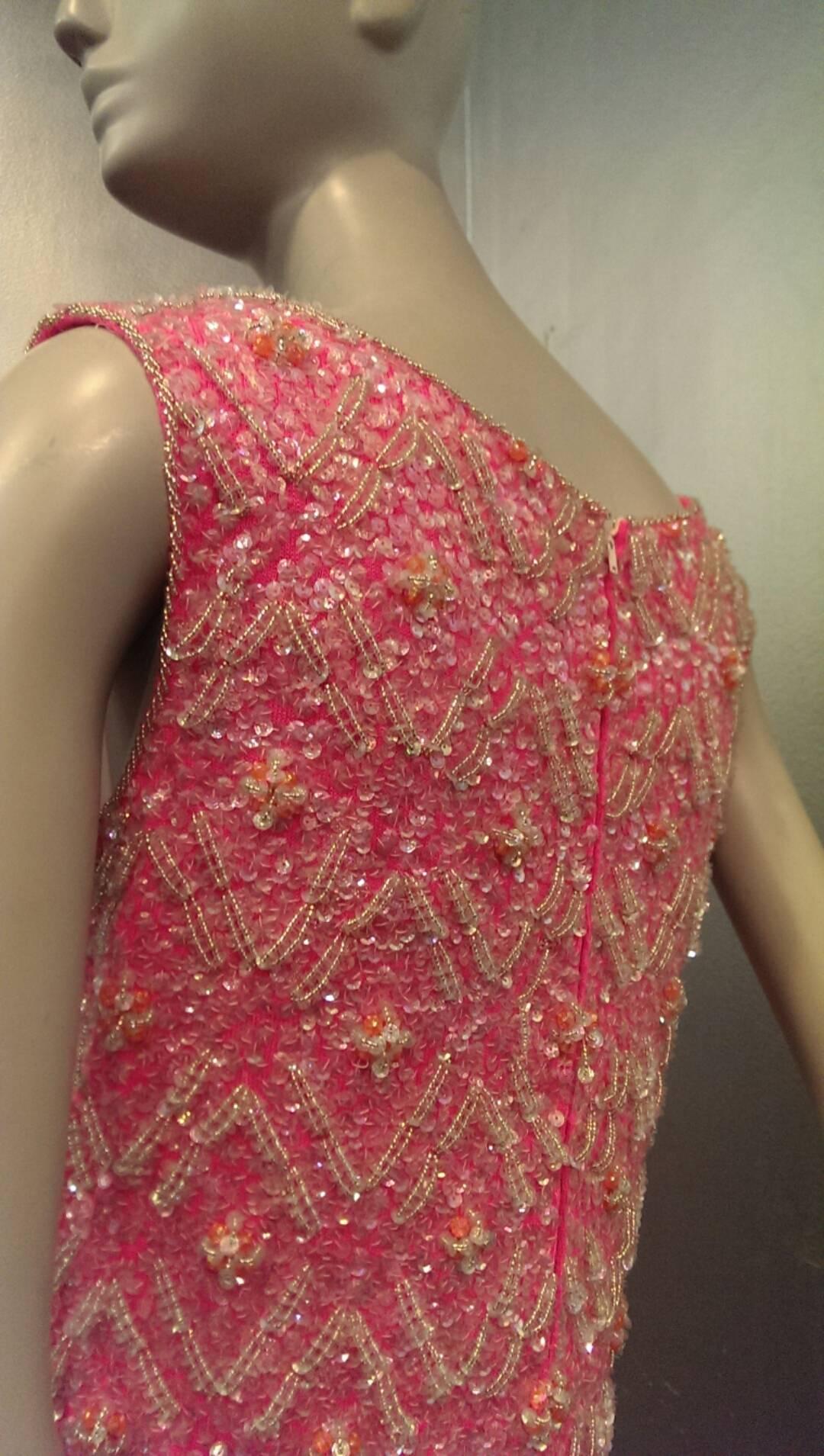 1960s I. Magnin Vibrant Pink Wool Knit Dress w Heavy Beads and Sequins In Excellent Condition In Gresham, OR