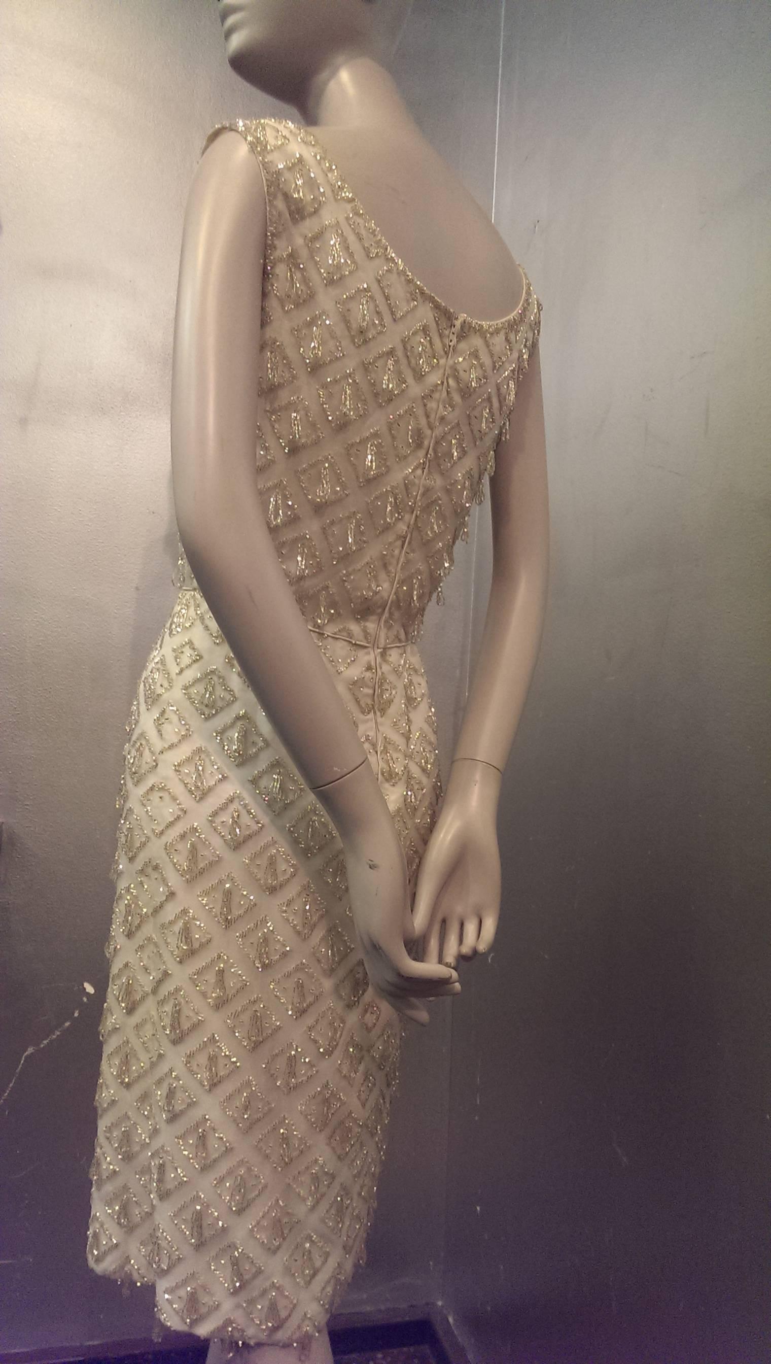 1960s I. Magnin White Fitted Wiggle Dress w Champagne Beaded Diamonds and Loops In Excellent Condition In Gresham, OR