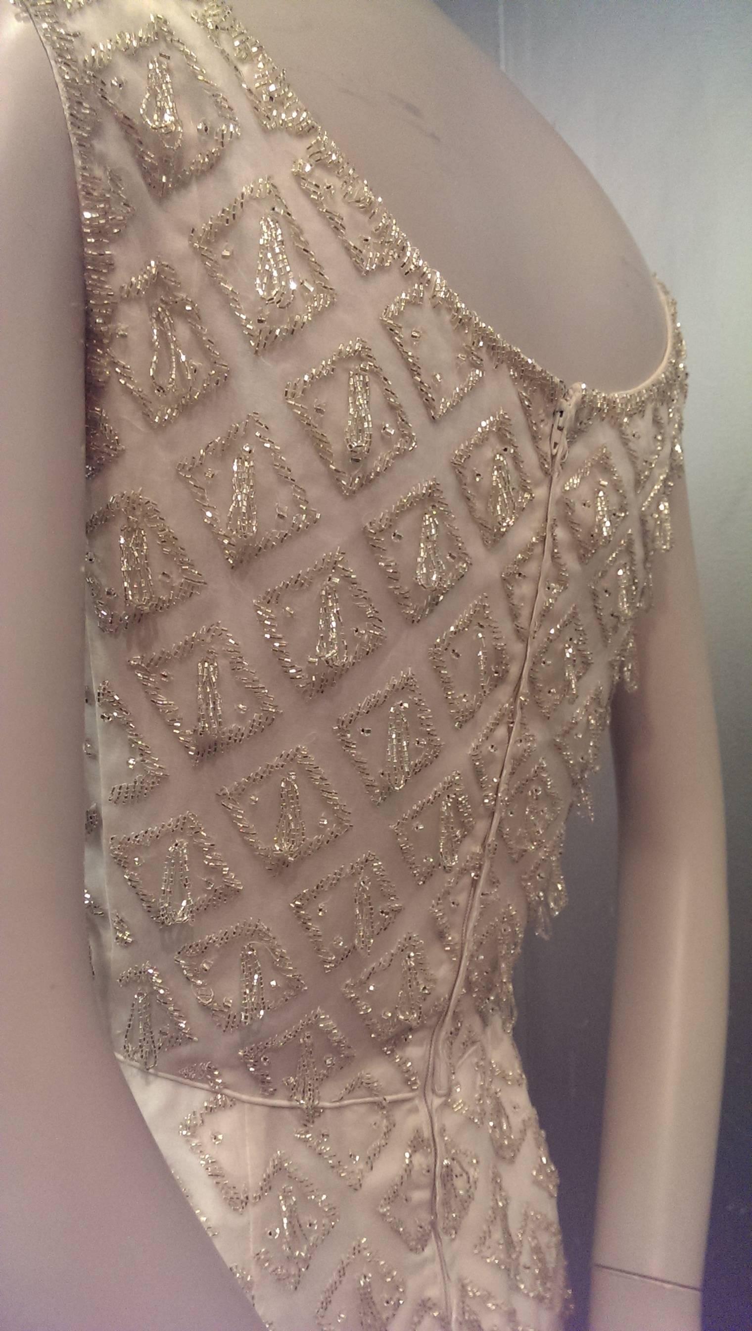 1960s I. Magnin White Fitted Wiggle Dress w Champagne Beaded Diamonds and Loops 1