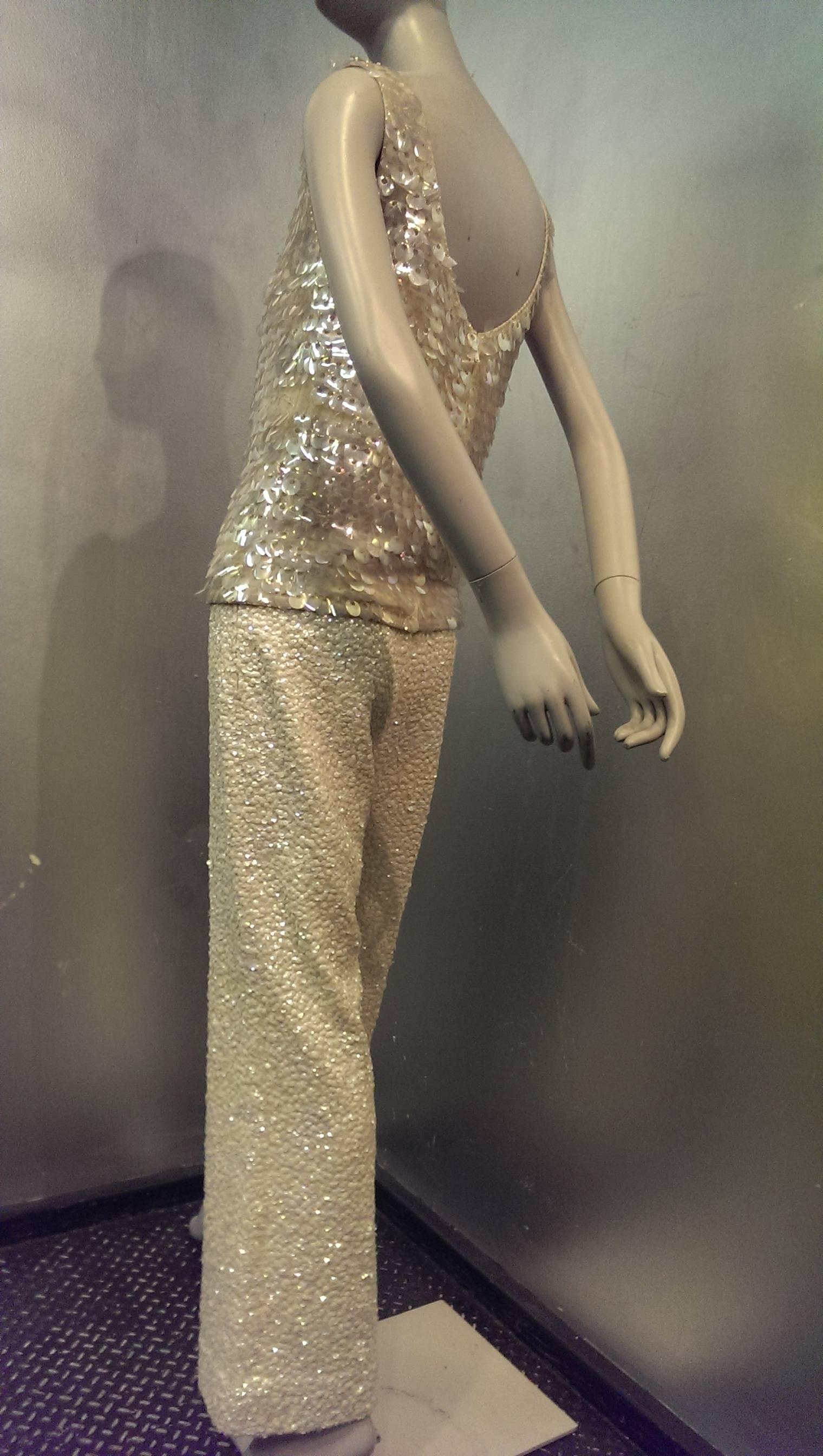 Women's 1960s Solid Sequin and Paillette Stovepipe Cocktail Pants and Top