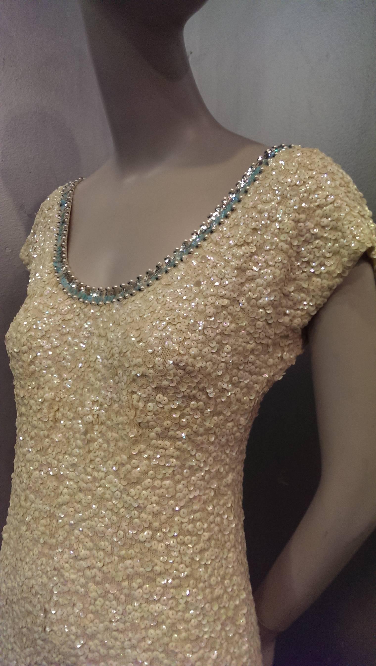 1960s Gene Shelly Wool Knit Empire Gown Covered in Iridescent Sequins and Jewels In Excellent Condition In Gresham, OR