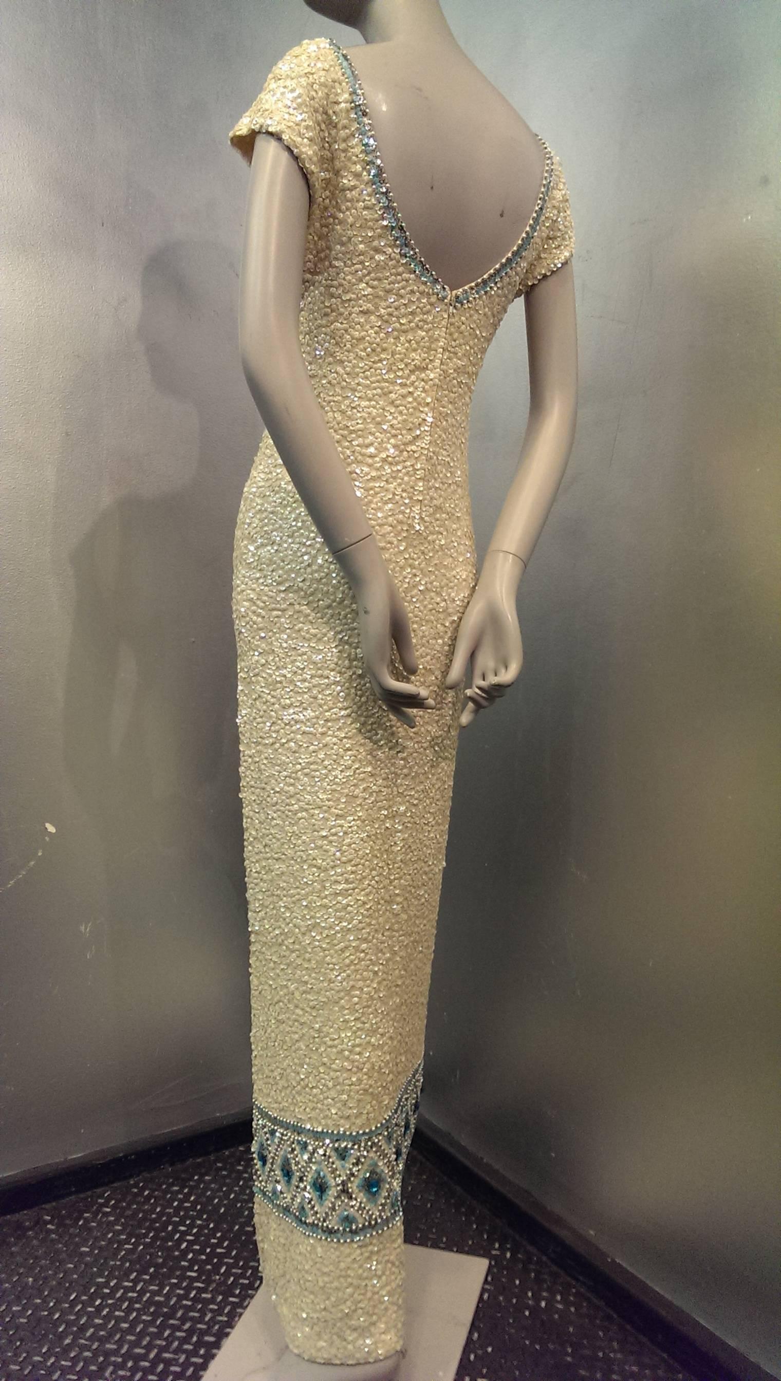 1960s Gene Shelly Wool Knit Empire Gown Covered in Iridescent Sequins and Jewels 1