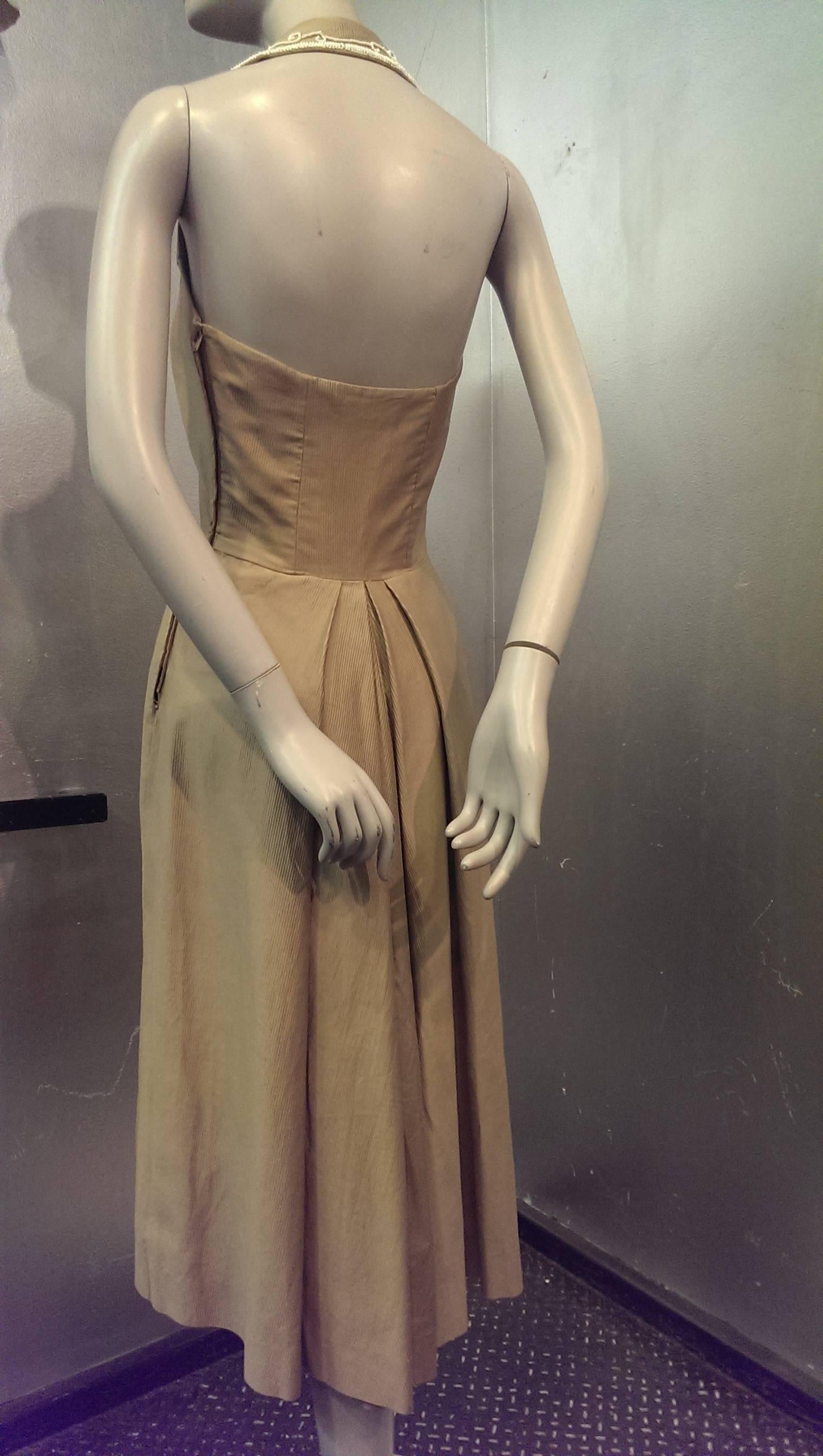 Brown 1950s Taupe Cotton Twill Halter Dress w Beaded Collar and Matching Bolero