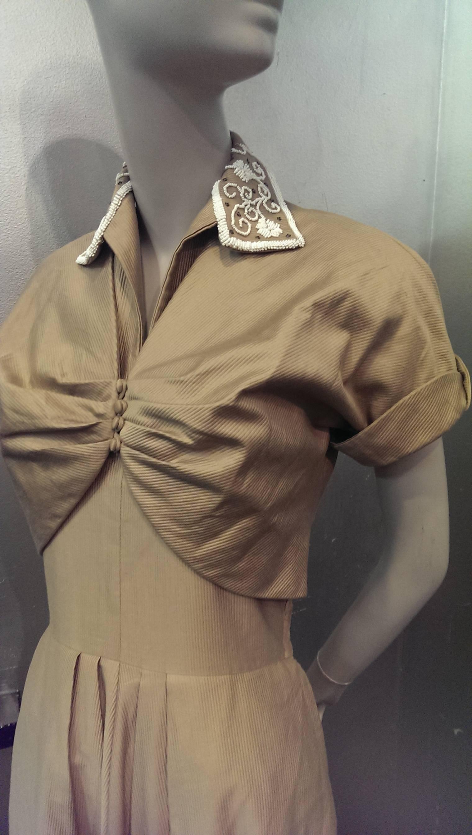 1950s Taupe Cotton Twill Halter Dress w Beaded Collar and Matching Bolero In Excellent Condition In Gresham, OR