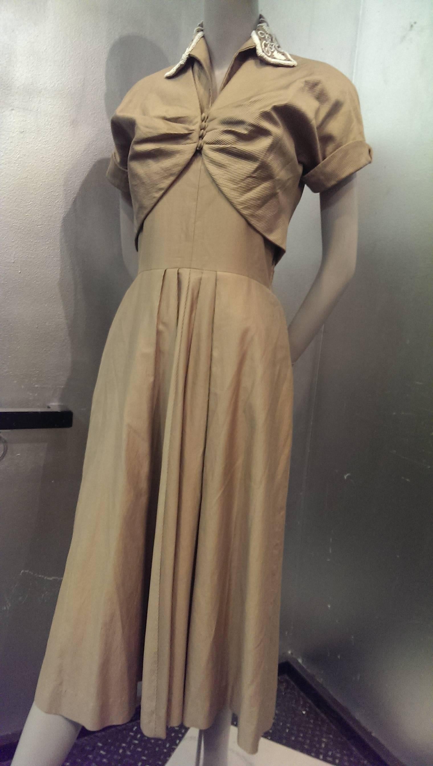 Women's 1950s Taupe Cotton Twill Halter Dress w Beaded Collar and Matching Bolero