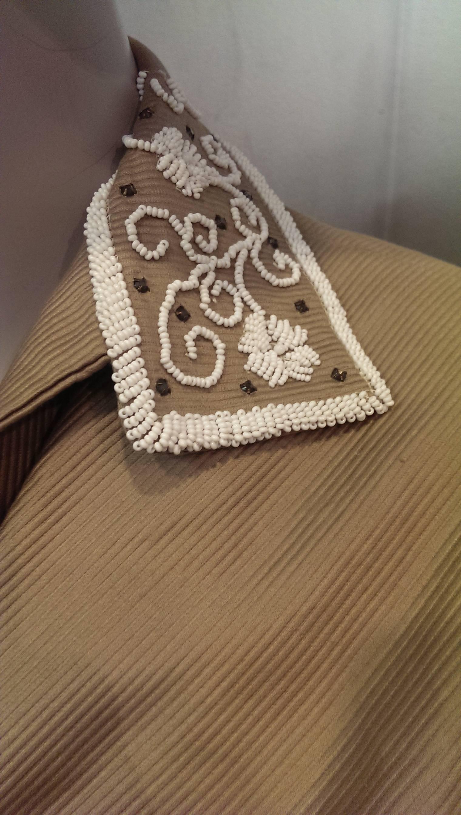 1950s Taupe Cotton Twill Halter Dress w Beaded Collar and Matching Bolero 1