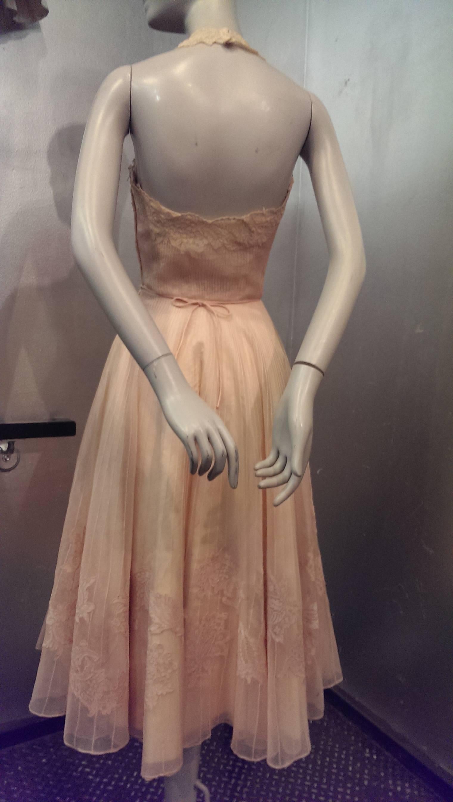 Brown 1950s Karen Stark for Harvey Berin Pink Pin-Tuck Organza and Lace Halter Dress