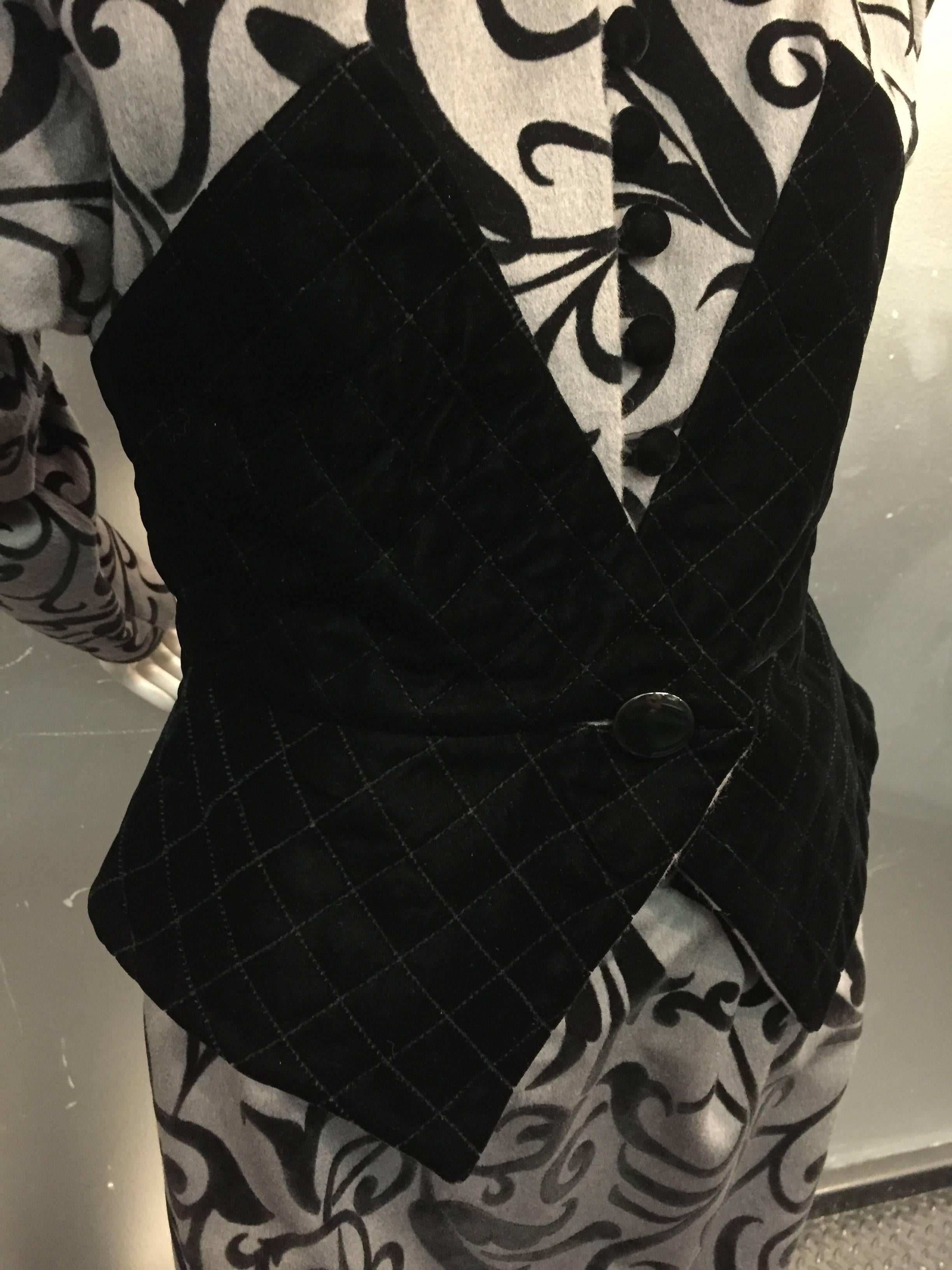 1980s Ted Lapidus Gray Felt Trompe L'Oeil Black Velvet Corset 2-Piece Suit In Excellent Condition In Gresham, OR