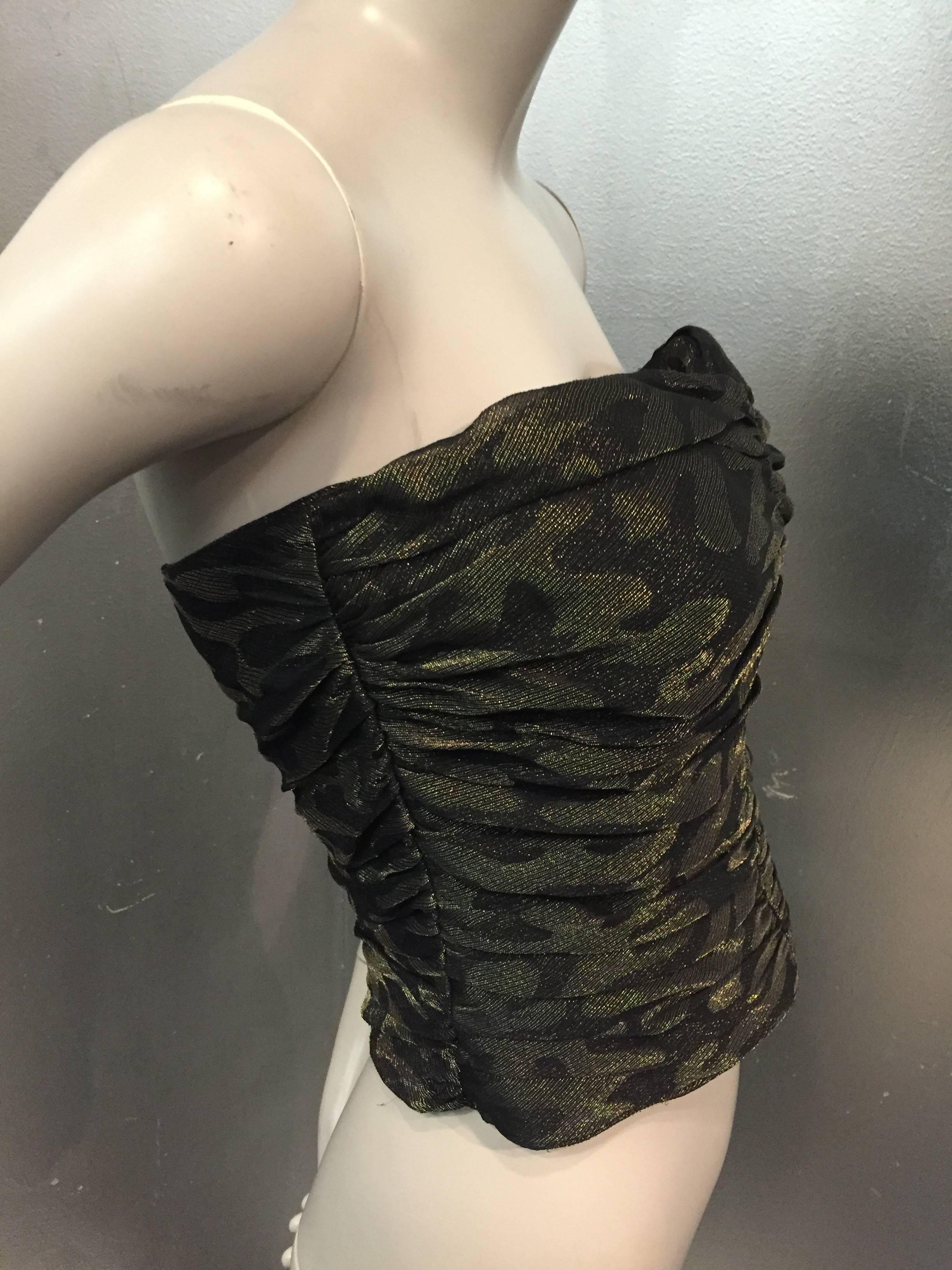 1980s Judy Hornby Ruched Camouflage Lamé Strapless Bustier  In Excellent Condition In Gresham, OR