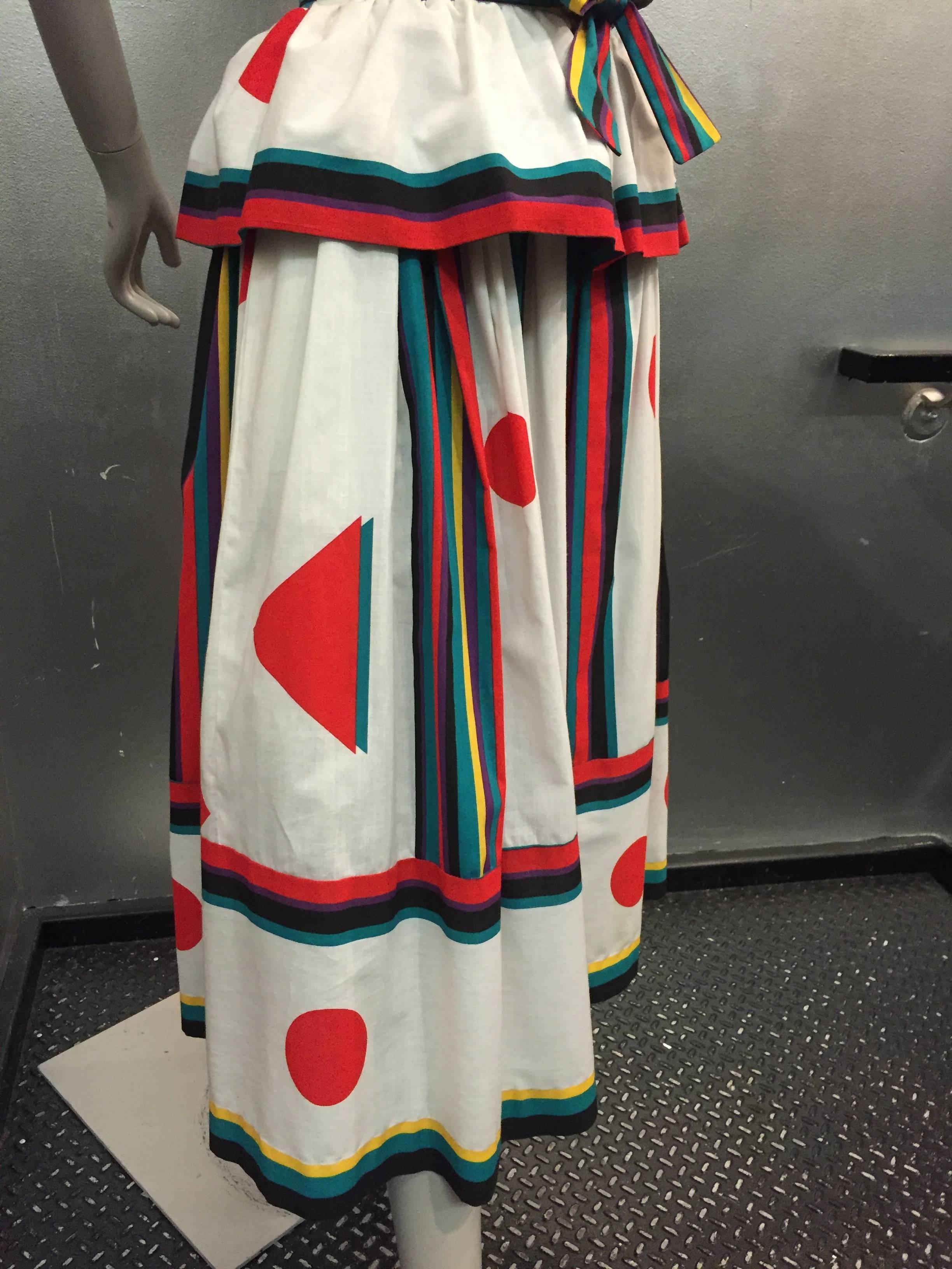 1980s Victor Costa Cotton Pop-Art Strapless Sun Dress with Full Skirt and Peplum 1