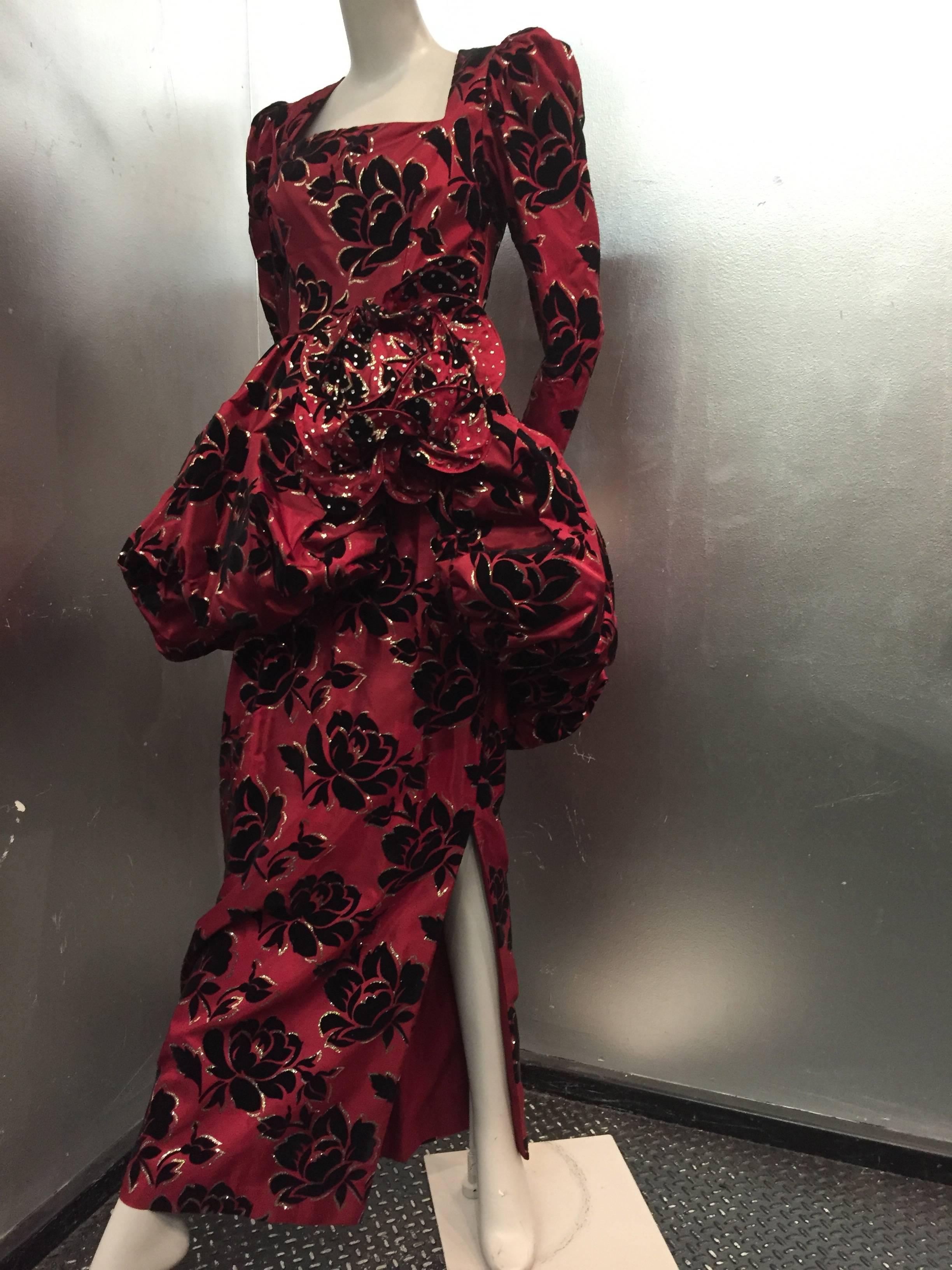 1980s Red and Black Floral Velvet Flocked Taffeta Gown w Pouf Peplum 2