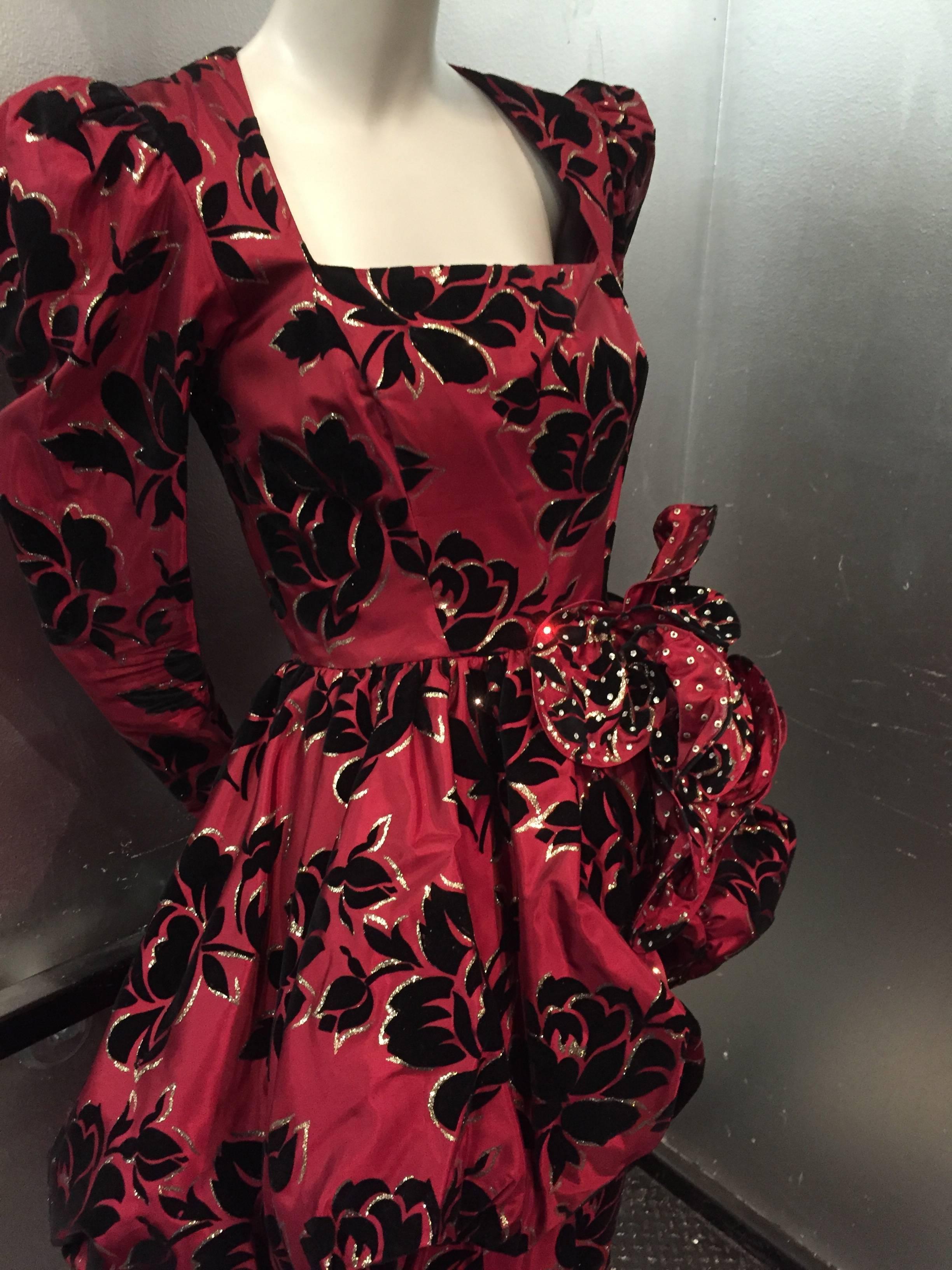 1980s Crimson, gold and black floral velvet flocked taffeta gown w/ pouf peplum and large wired and rhinestone embellished 