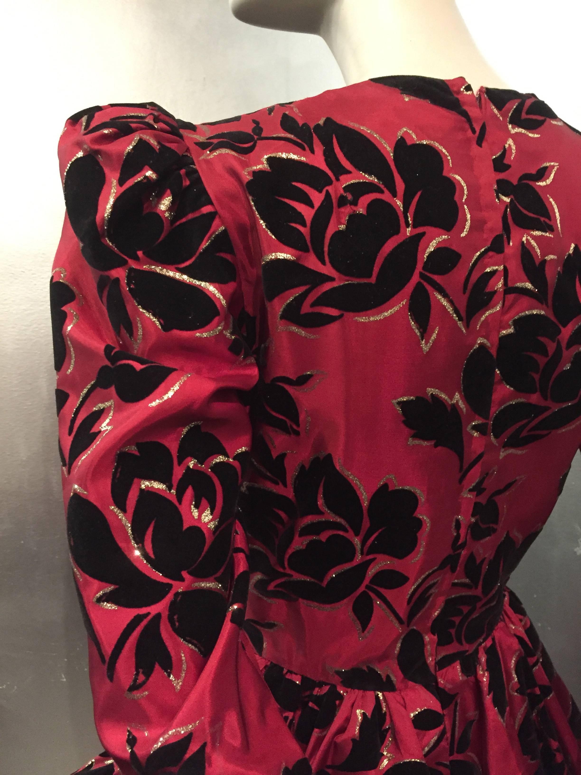 1980s Red and Black Floral Velvet Flocked Taffeta Gown w Pouf Peplum 1