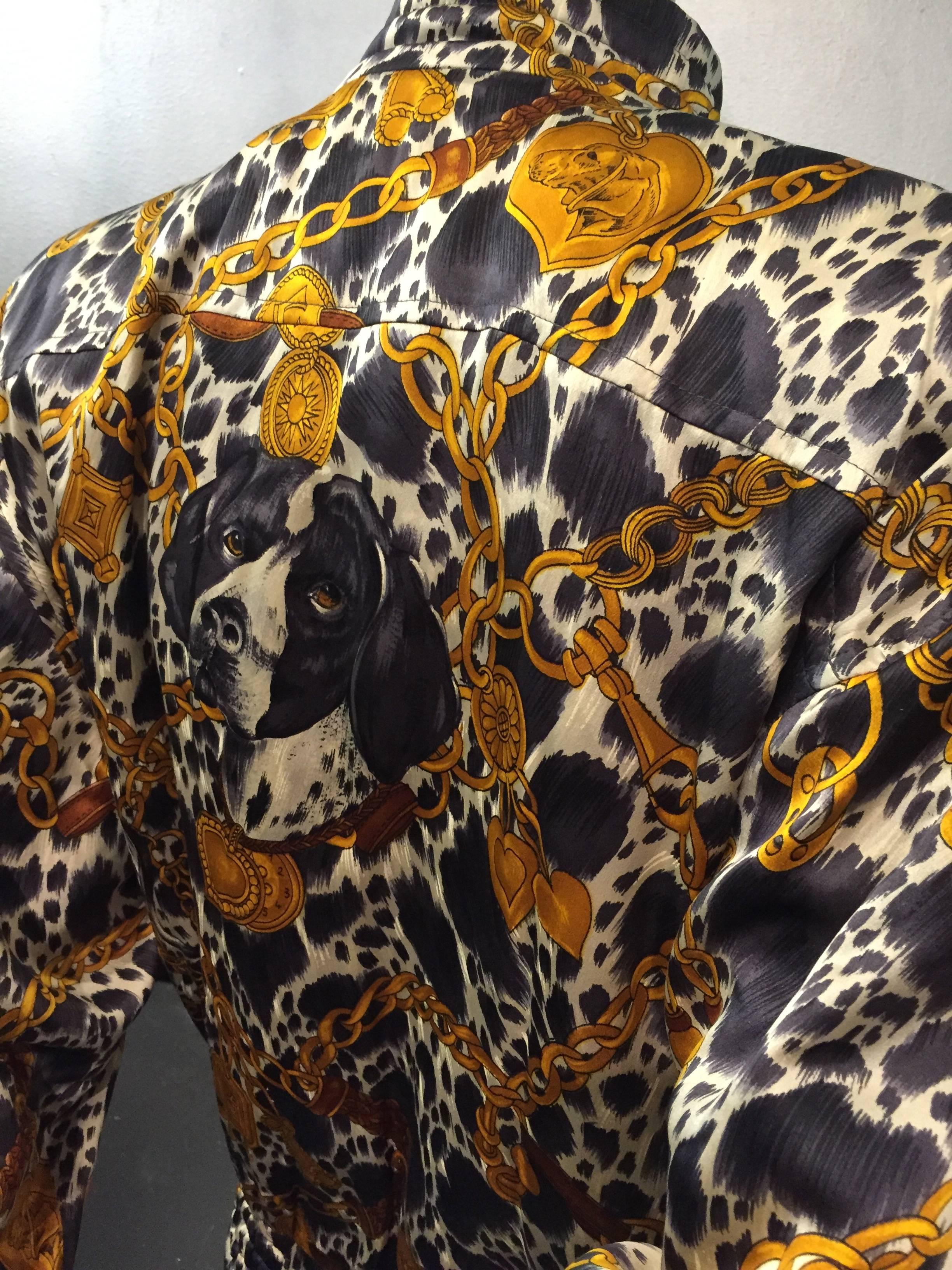 1980s Escada Dog with Chains and Logo Medallion Print Silk Bomber Jacket In Excellent Condition For Sale In Gresham, OR