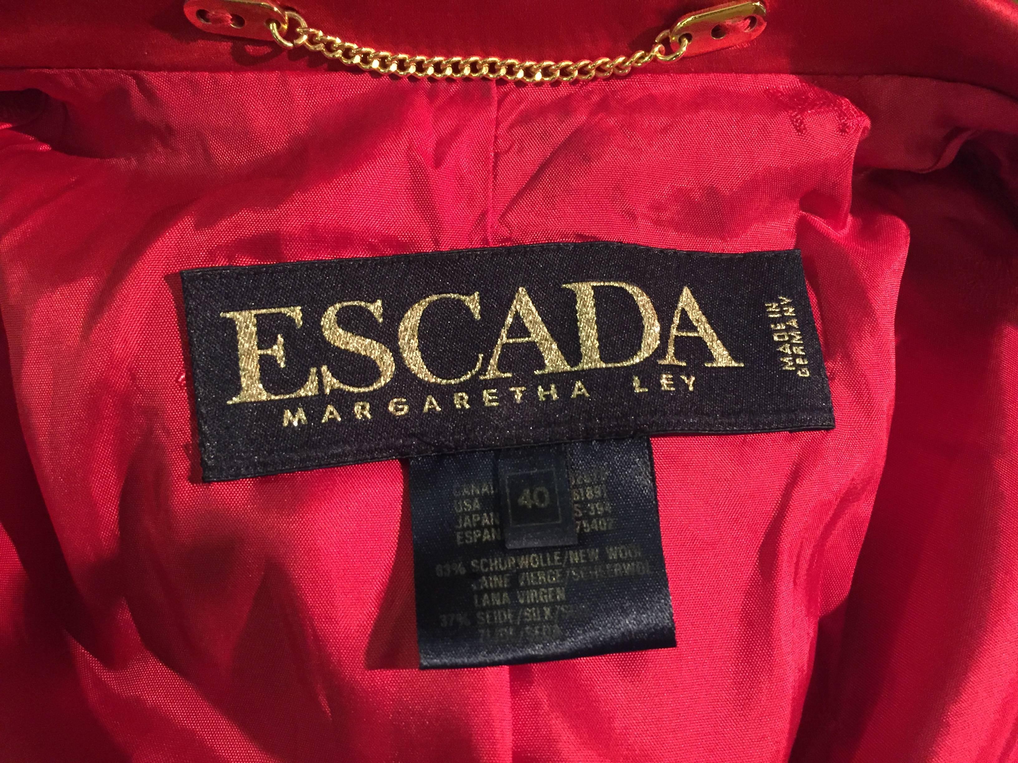1990s Escada Cardinal Red Silk Satin Dinner Jacket w/ Horseshoe Buttons 2