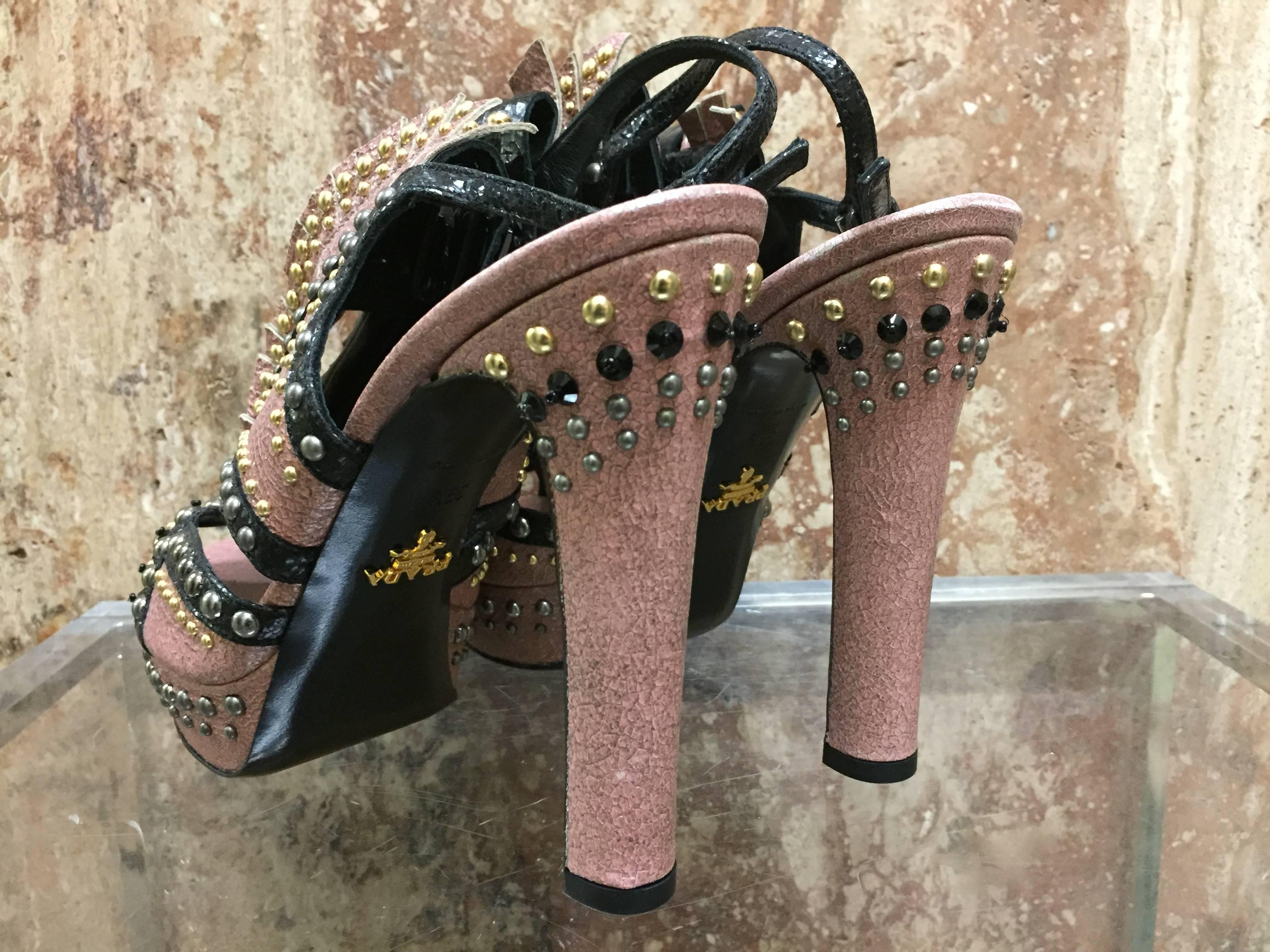 Prada Pink and Black Studded Platform Sandals w Leather Fringe at Vamp In New Condition In Gresham, OR