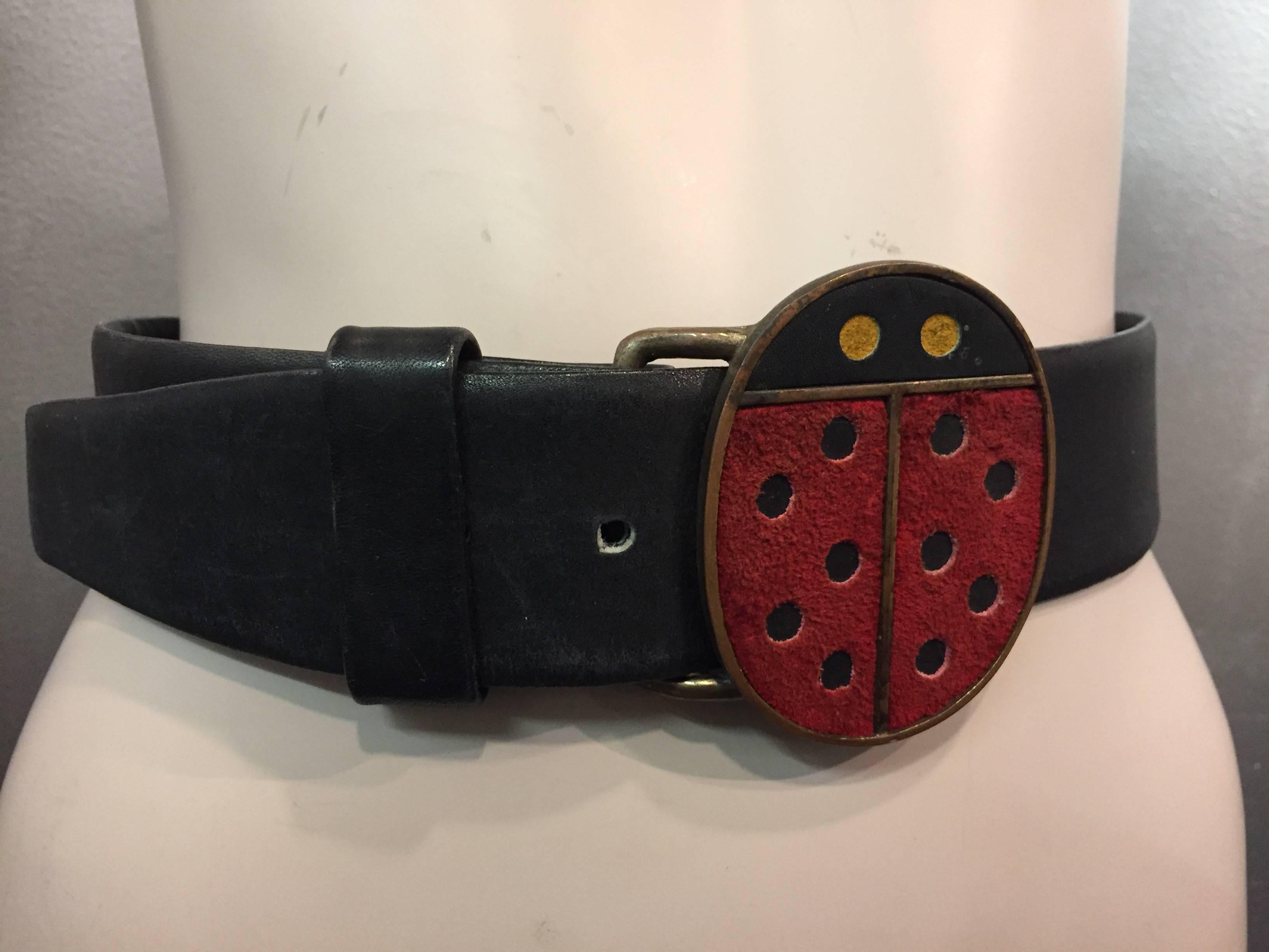 Women's 1960s Vera Leather Belt with Large Lady Bug Buckle in Metal and Suede 