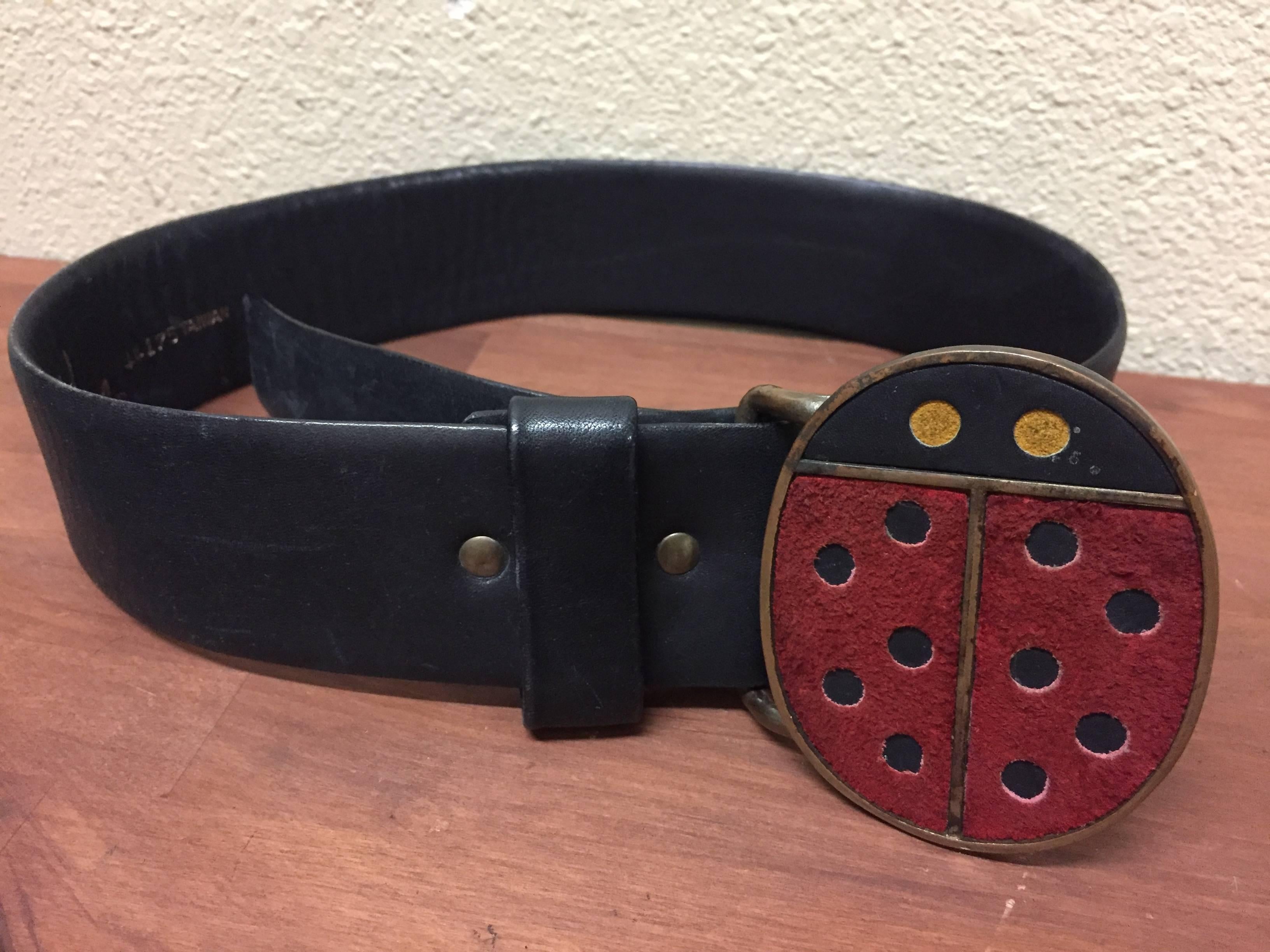 Black 1960s Vera Leather Belt with Large Lady Bug Buckle in Metal and Suede 