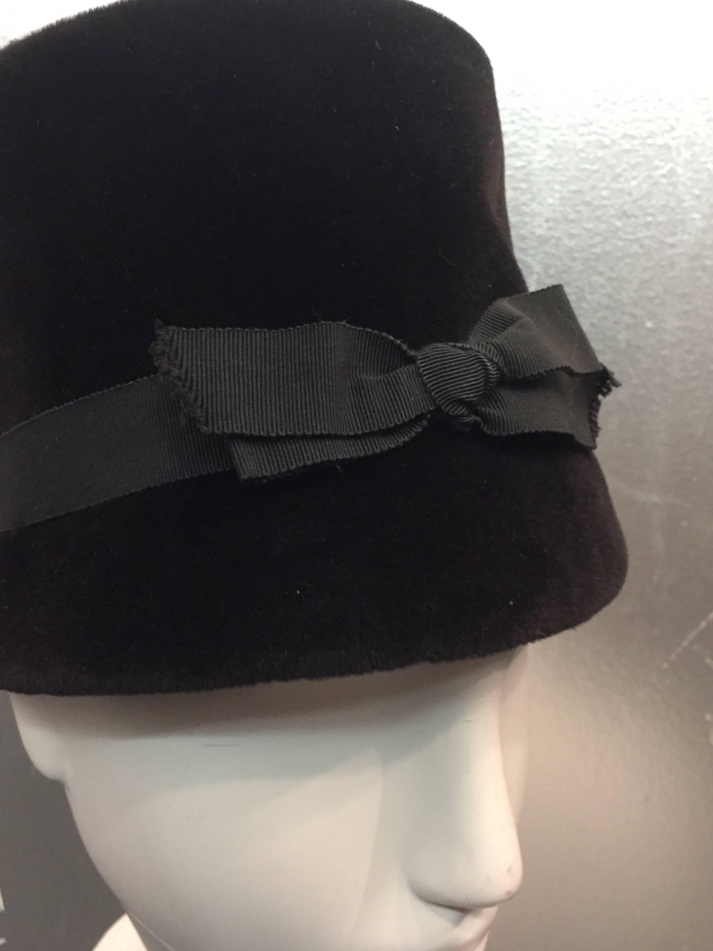 Black 1960s Christian Dior Velvet Equestrian Style Hat W/ Bow 