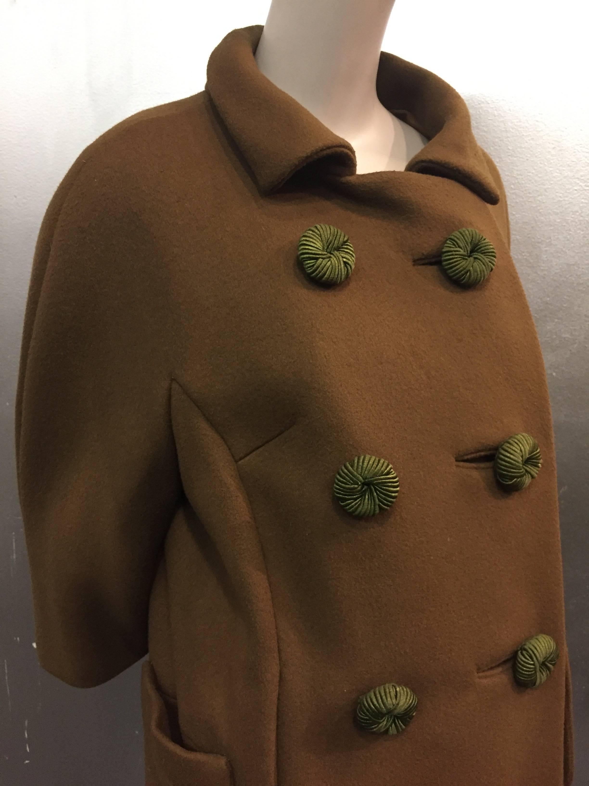 Black 1960's Mod Olive Wool Coat With Braided Buttons