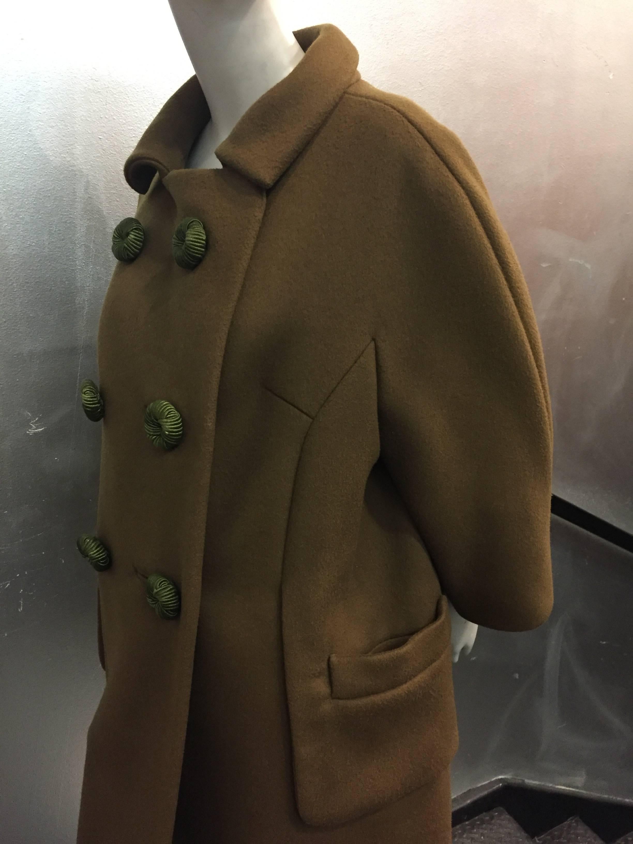 Women's 1960's Mod Olive Wool Coat With Braided Buttons