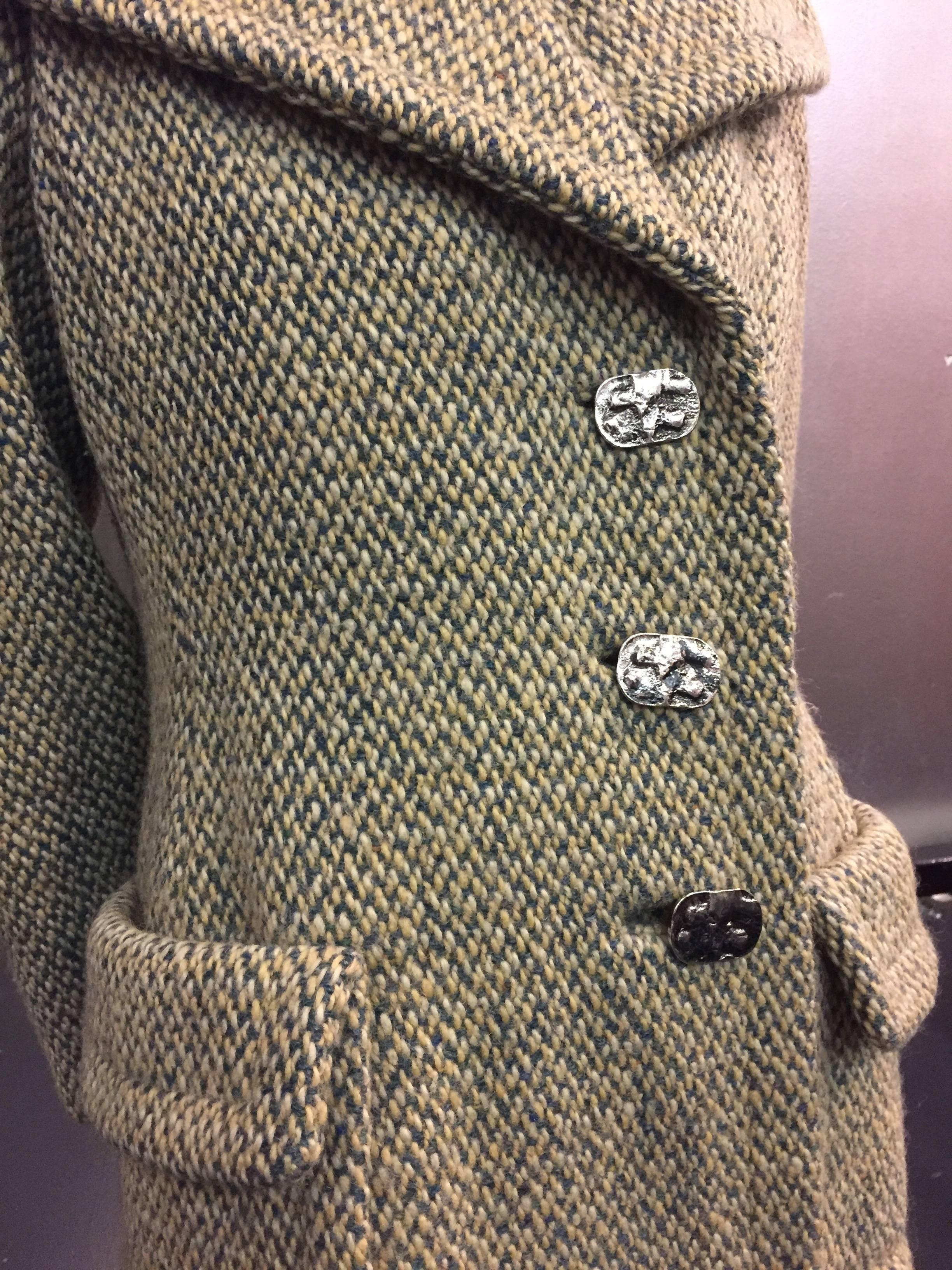 Women's 1960's Pauline Trigere Fitted Tweed Coat With Abstract Metal Buttons