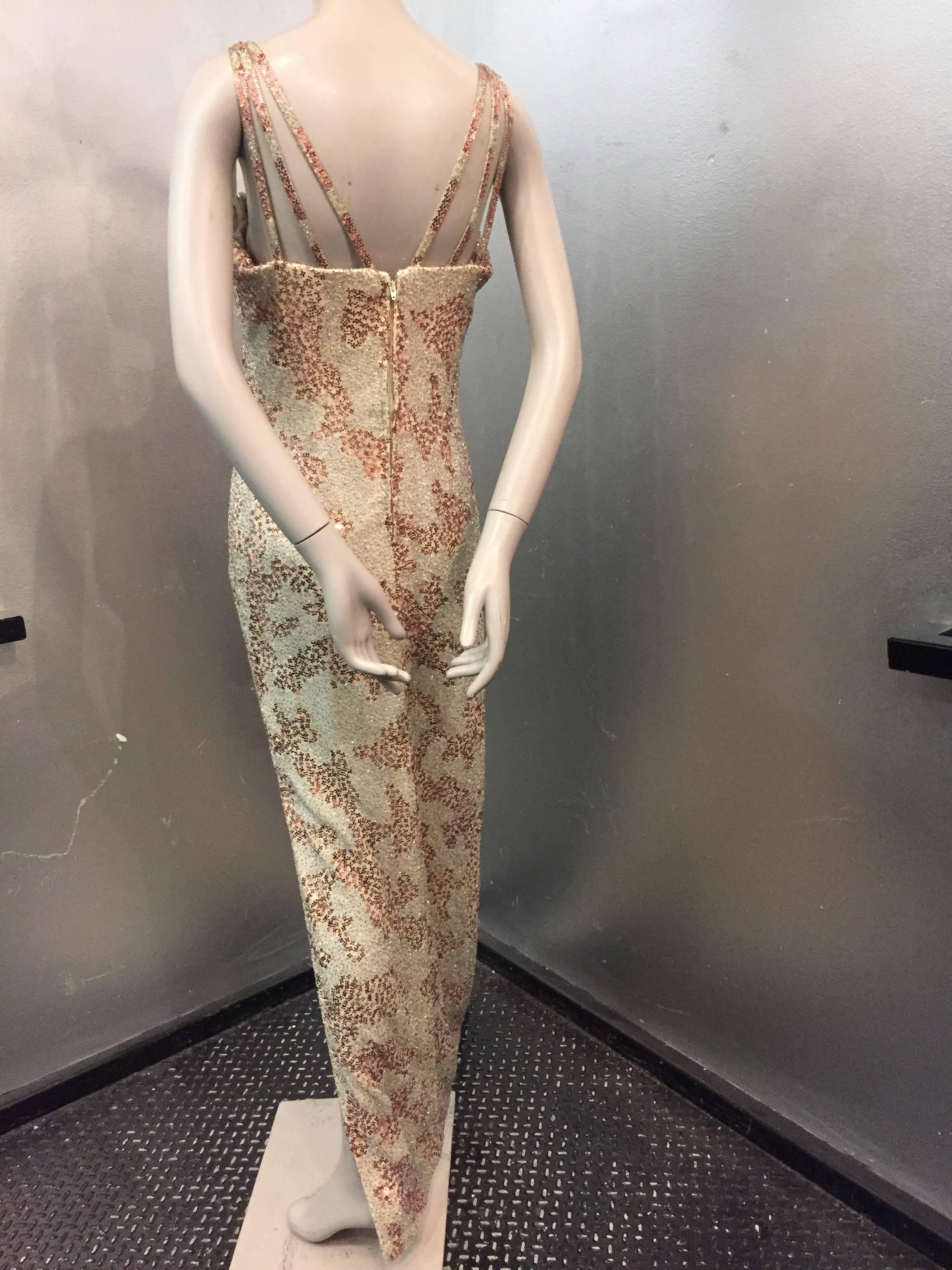 Beige 1990s Andre Laug Silver & Copper Beaded & Sequin Gown W/ Darring Slit