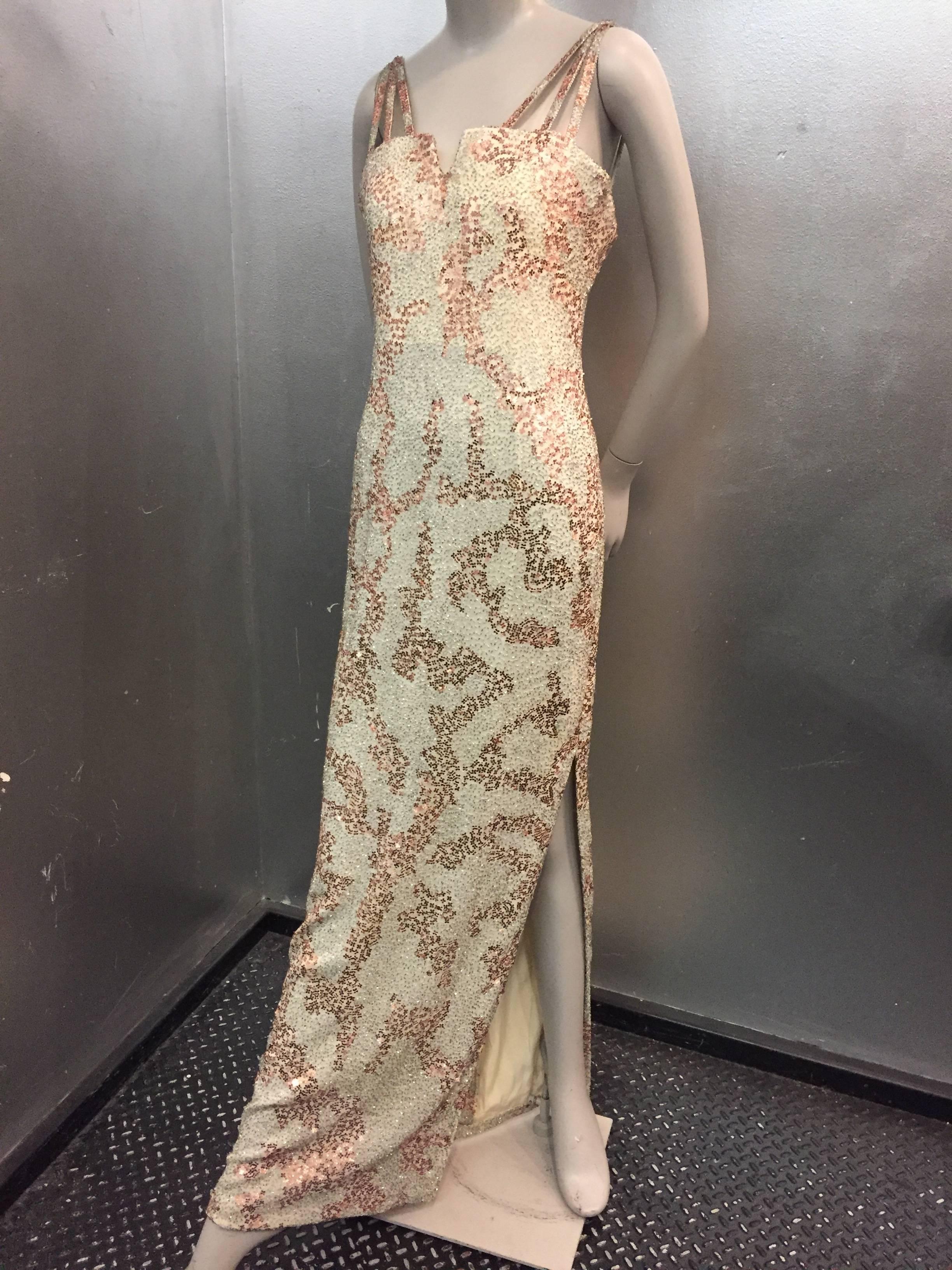 1990s Andre Laug Silver & Copper Beaded & Sequin Gown W/ Darring Slit In Excellent Condition In Gresham, OR
